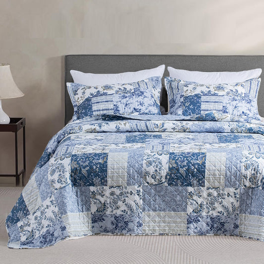 Kasentex Vintage Blue Patchwork Floral Quilt Set - All Season Bedding, Room Decor, Graduation Gifts