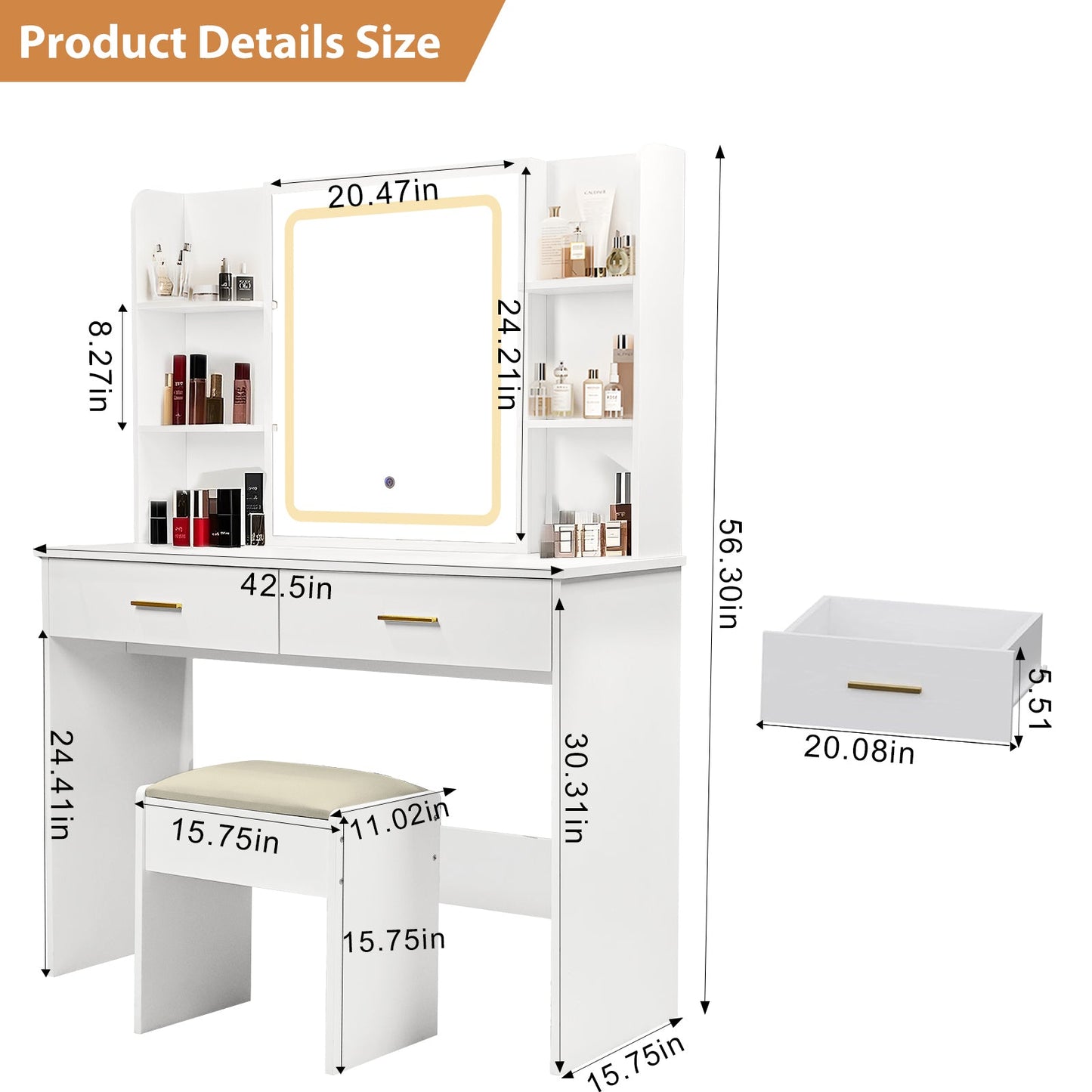 Vanity Desk with Mirror and LED Lights, 3 Lighting Modes and Power Outlet, 2 Spacious Drawers and Stool, White MDF