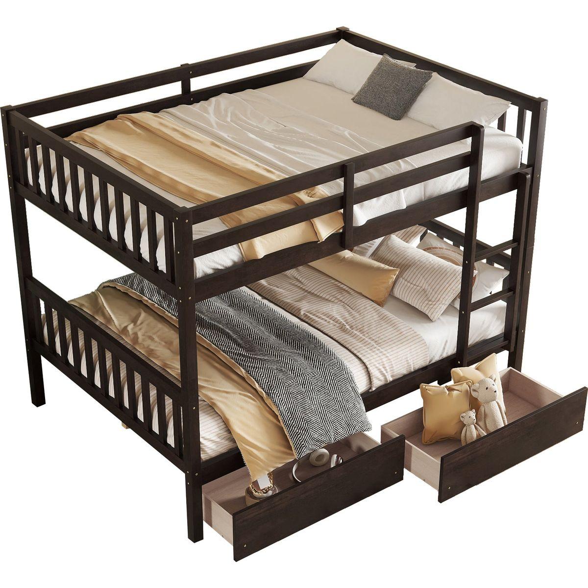 full Over full Rubber Wood Bunk Bed with 2 Drawers, Convertible into 2 full Beds, full Size Bunk Bed with Ladder and Safety Guardrails ,Espresso