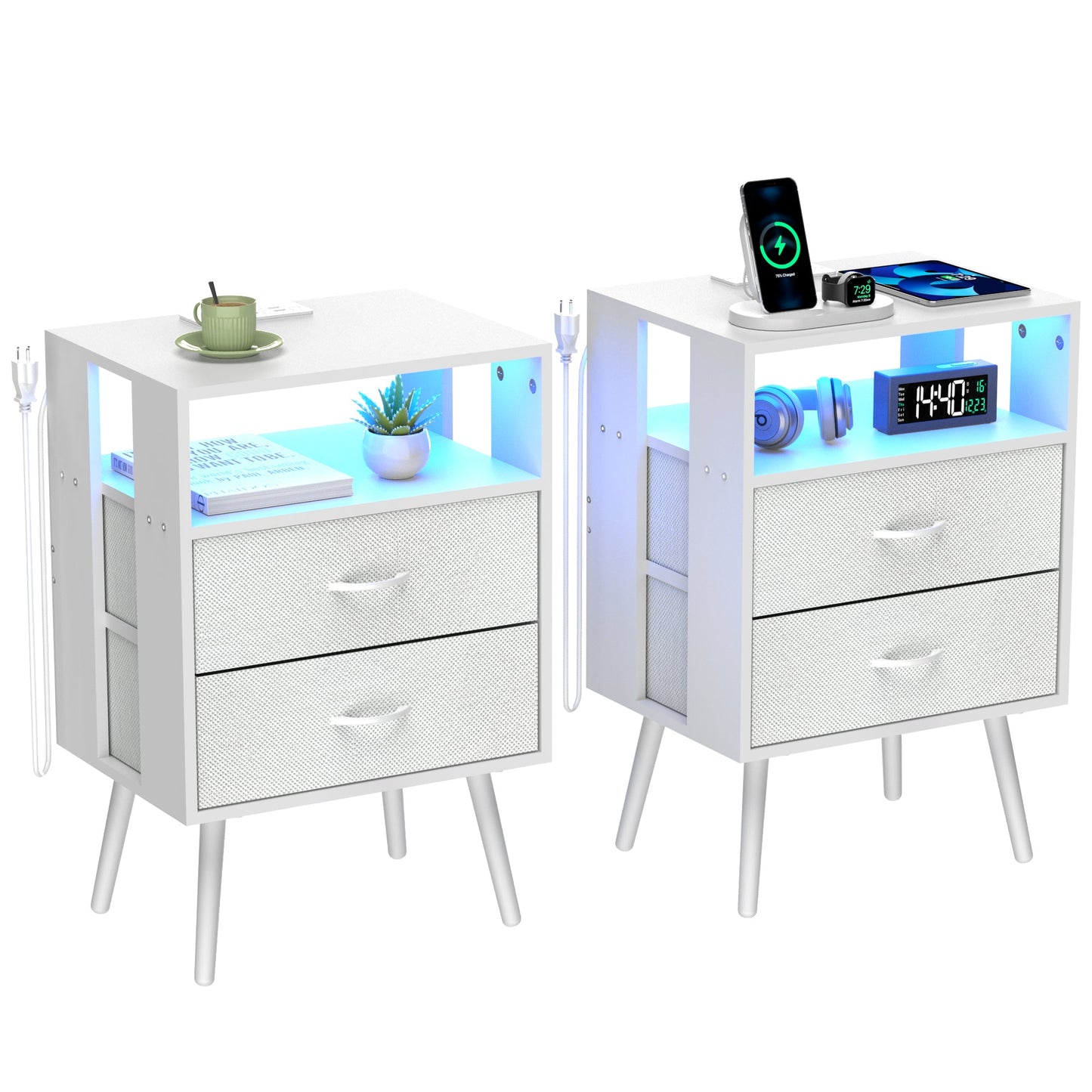 2 Pack Modern Nightstand with Charging Station, Bedside Tables with LED Light and Fabric Drawers