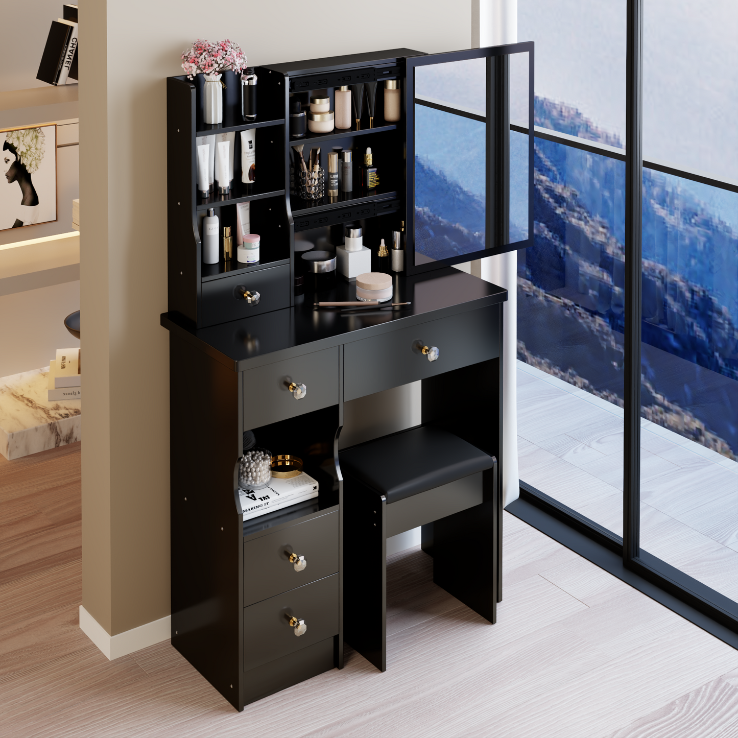 29.2' Small Size Left Drawer Desktop Vanity Table + Cushioned Stool, Extra Large Right sliding mirror, Multi Layer High Capacity Storage, Practical Fashionable Dresser, Suitable For Small Space
