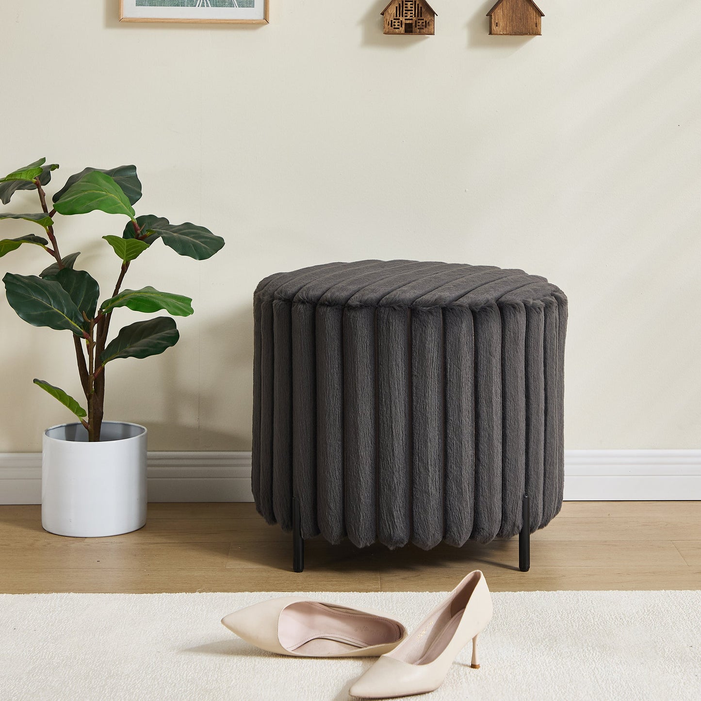 22.05' Wide Upholstered Round Pouf Ottoman Foot Rest with Black Metal Legs, Faux Fur Finish, Charcoal