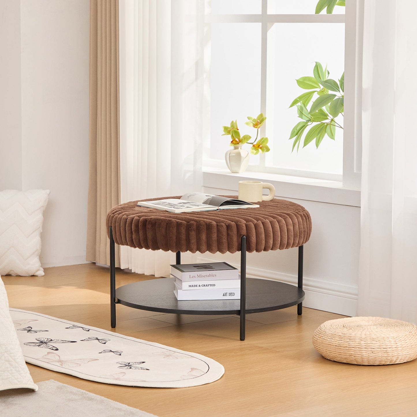Upholstered Round Ottoman Coffee Table Foot Rest with Black Metal Legs, Brown Faux Fur, 30.9'