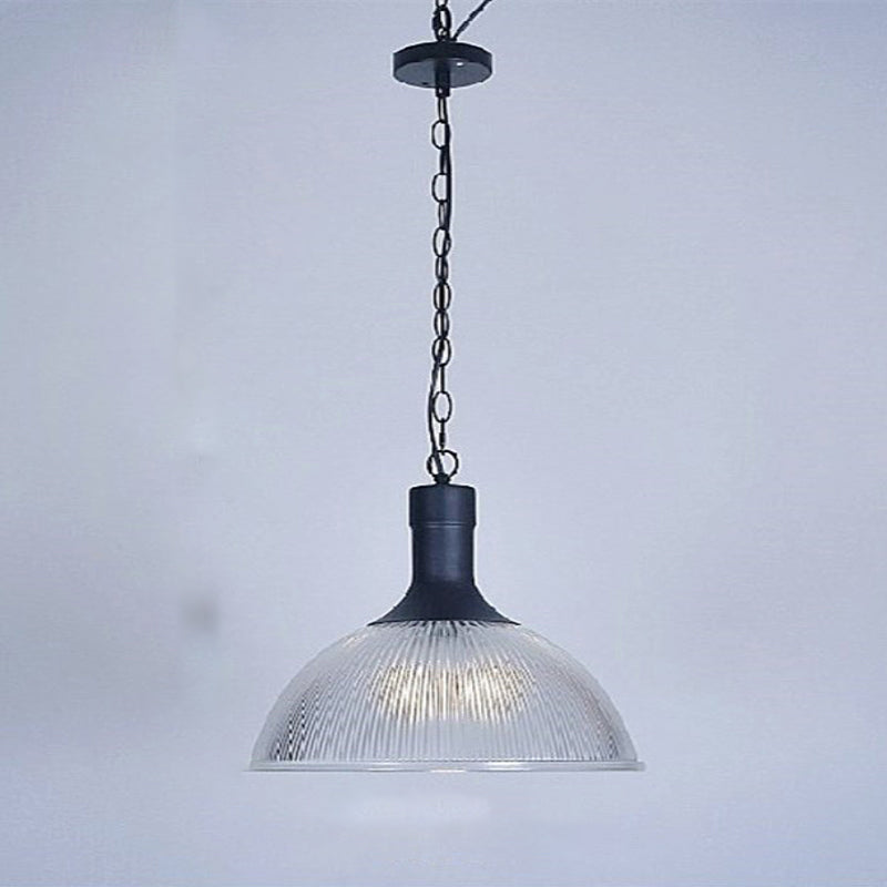 Hélène's Clear Ribbed Glass Dome Pendant Light - Industrial Bronze Black Hanging Light for Living Room