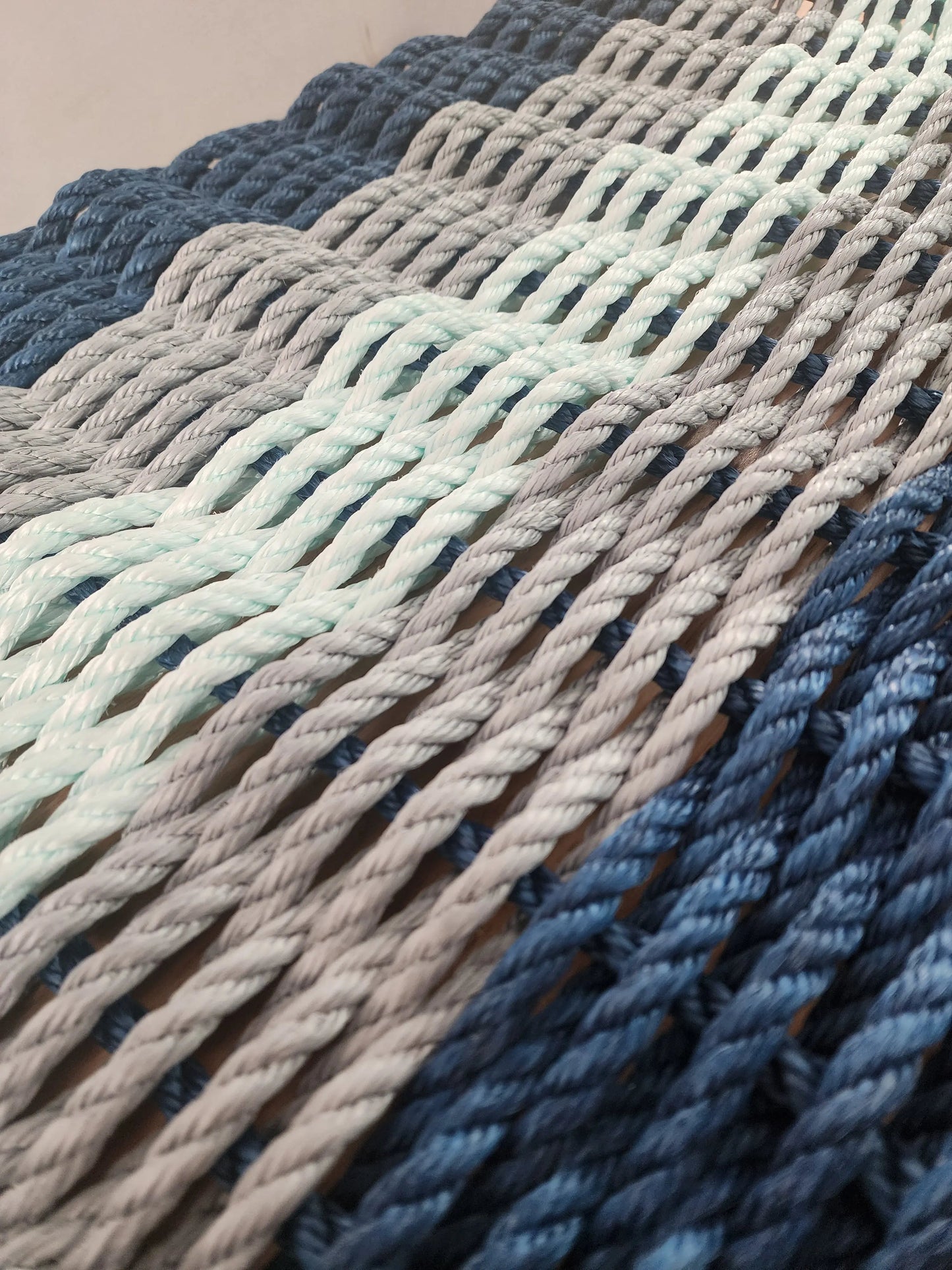 Area Rug: Five Stripe Rope Mat made with Lobster Rope Navy, Light gray and seafoam by Little Salty Rope