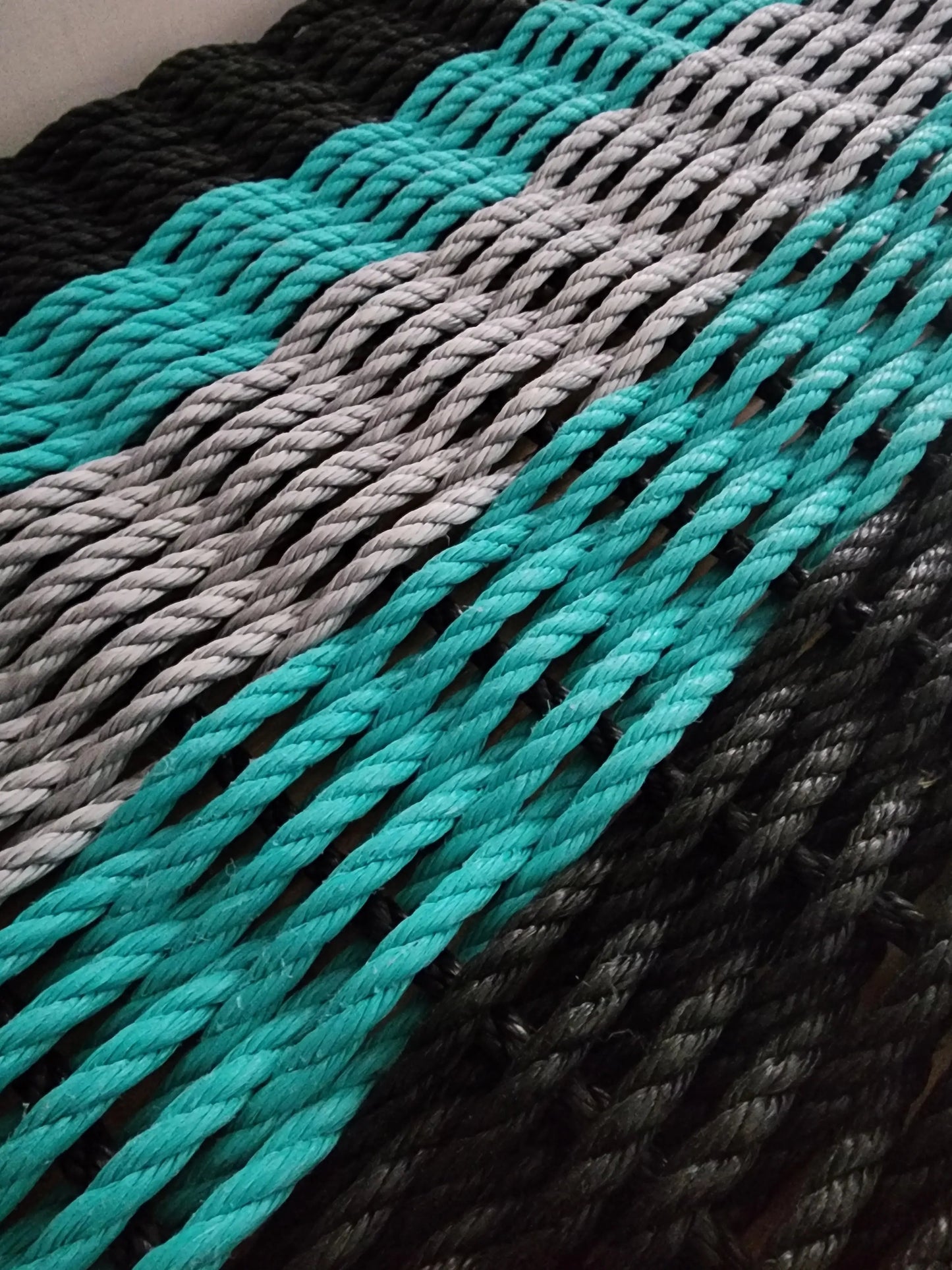 Area Rug: Five Stripe Rope Mat Black Teal Light Gray by Little Salty Rope