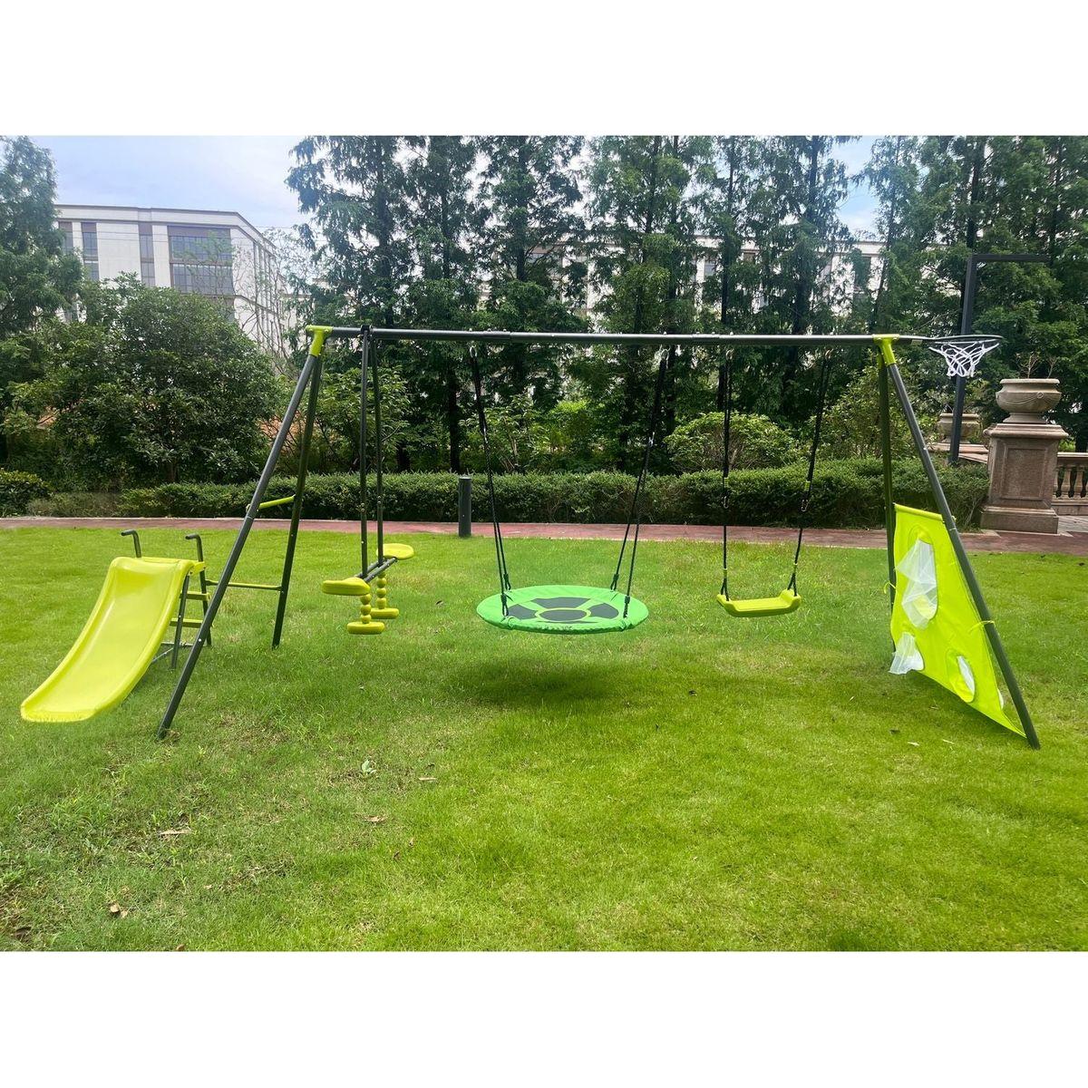 XNS052 green and blue interesting six function swingset with net swing metal plastic safe swing set 440lbs for outdoor playground for age 3+ with 31.5in net swing