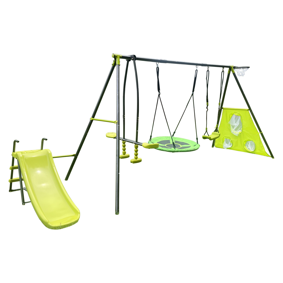 XNS052 green and blue interesting six function swingset with net swing metal plastic safe swing set 440lbs for outdoor playground for age 3+ with 31.5in net swing