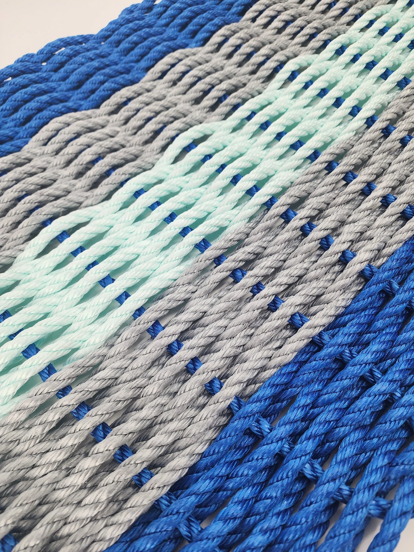 Area Rug: Five Stripe Rope Mat made with Lobster Rope, Blue Gray and Seafoam by Little Salty Rope