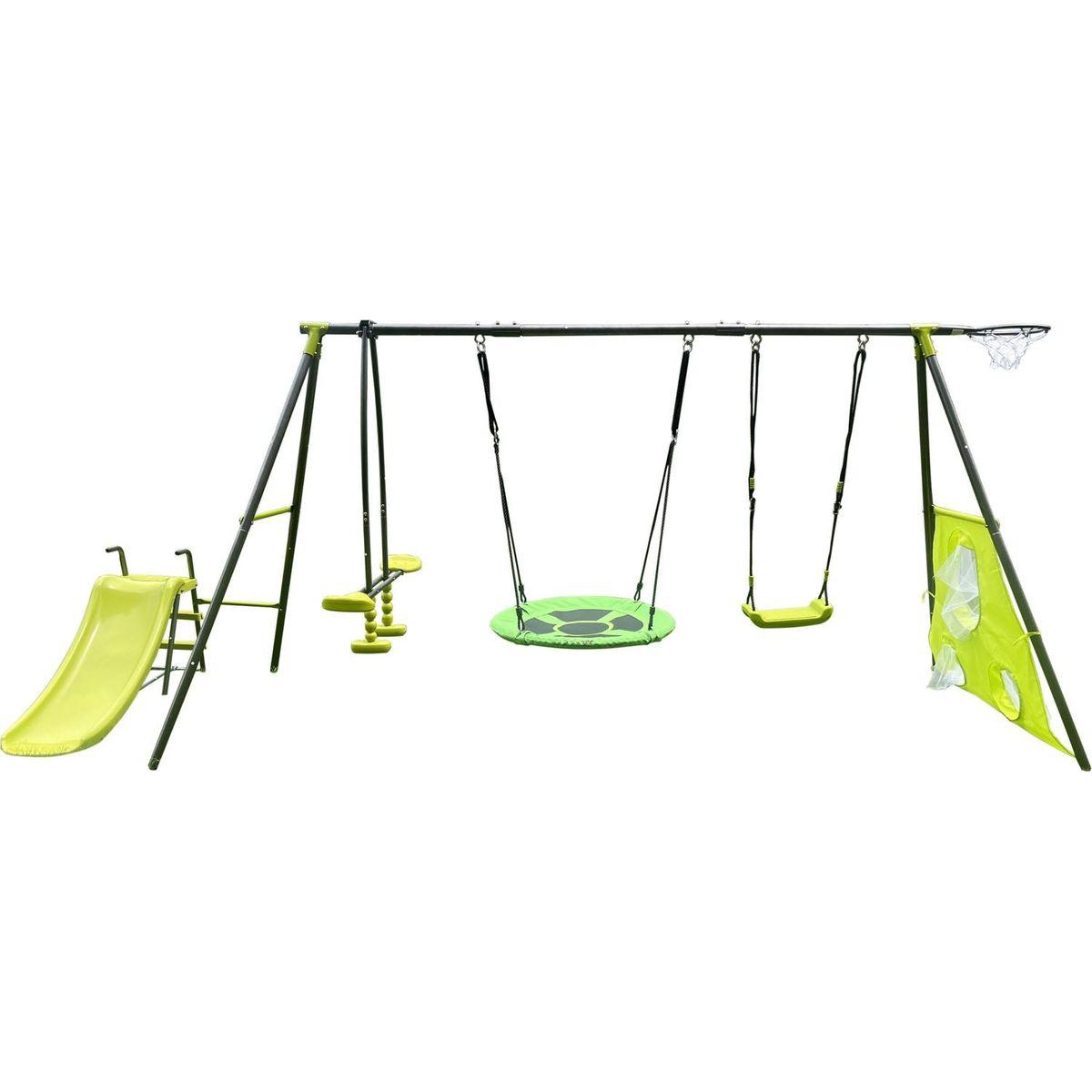 XNS052 green and blue interesting six function swingset with net swing metal plastic safe swing set 440lbs for outdoor playground for age 3+ with 31.5in net swing
