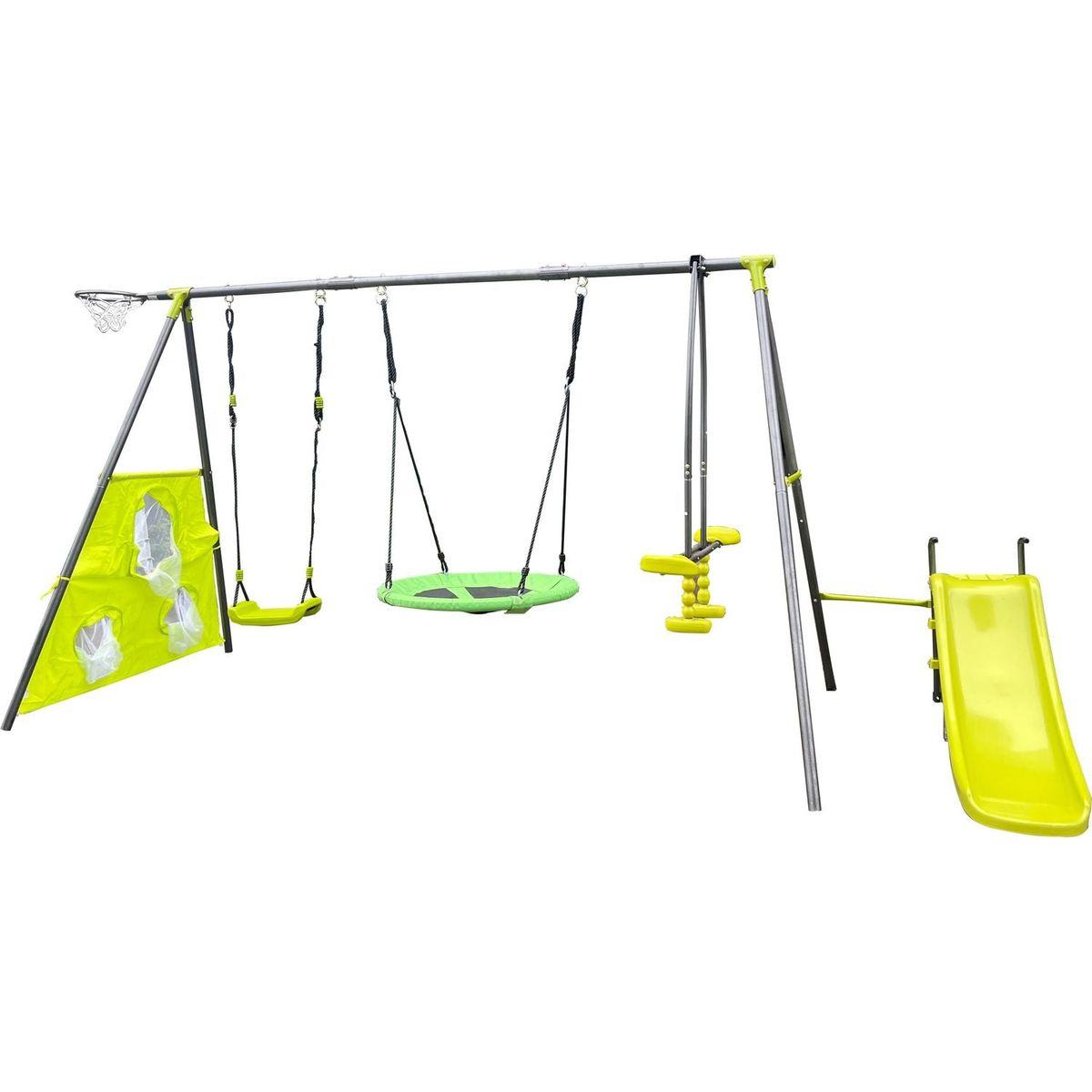 XNS052 green and blue interesting six function swingset with net swing metal plastic safe swing set 440lbs for outdoor playground for age 3+ with 31.5in net swing