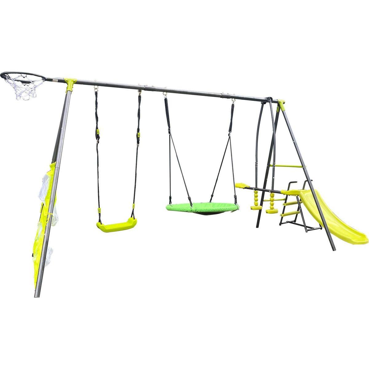 XNS052 green and blue interesting six function swingset with net swing metal plastic safe swing set 440lbs for outdoor playground for age 3+ with 31.5in net swing