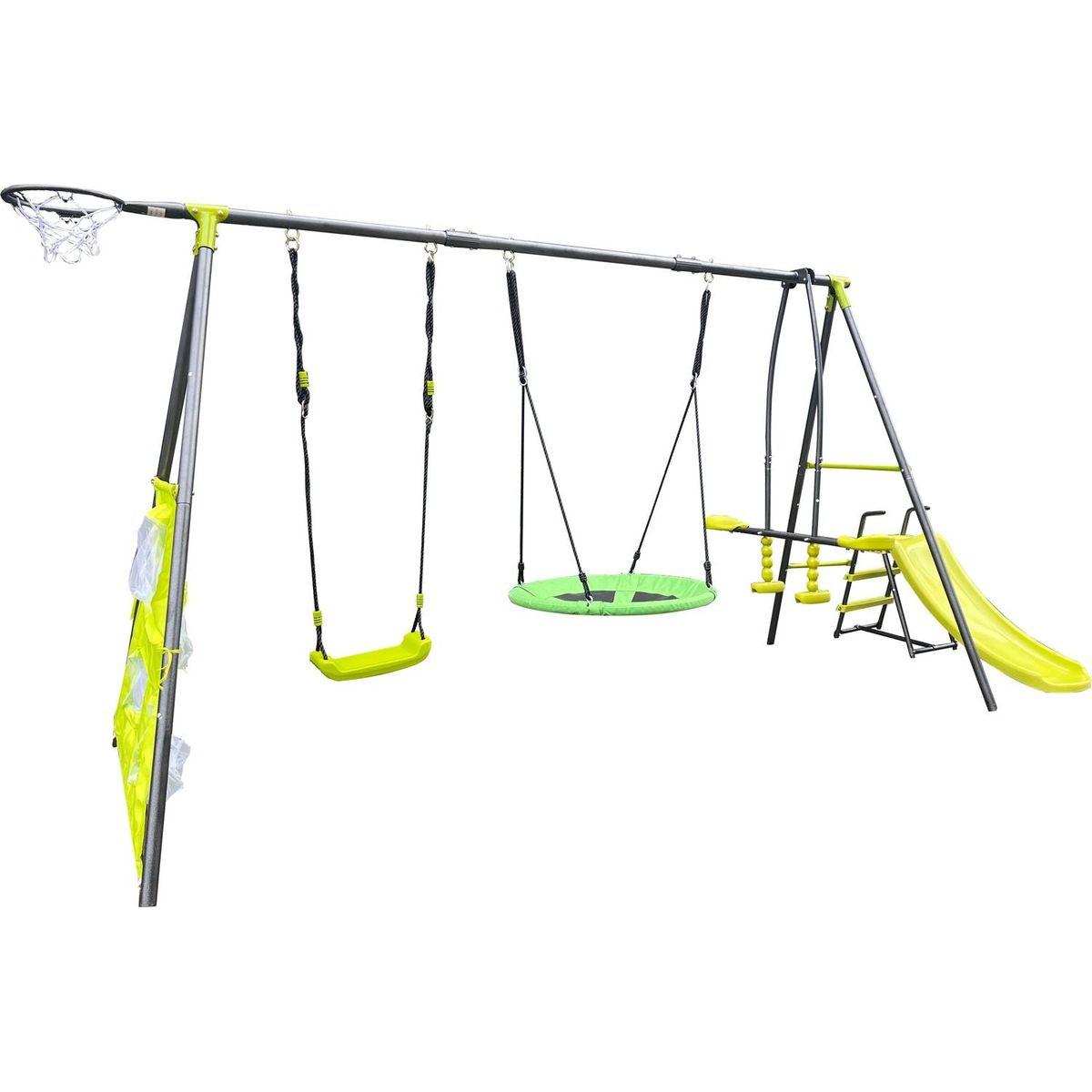 XNS052 green and blue interesting six function swingset with net swing metal plastic safe swing set 440lbs for outdoor playground for age 3+ with 31.5in net swing