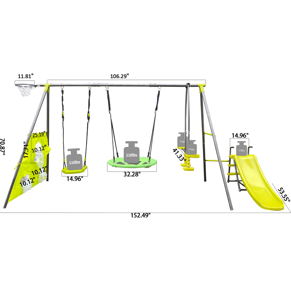 XNS052 green and blue interesting six function swingset with net swing metal plastic safe swing set 440lbs for outdoor playground for age 3+ with 31.5in net swing