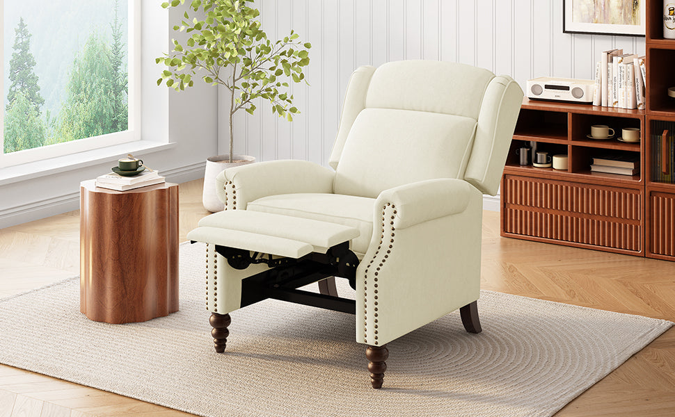 Upholstered Push Back Recliner Chair with Classic Wing Back, Beige Chenille, 29.75'