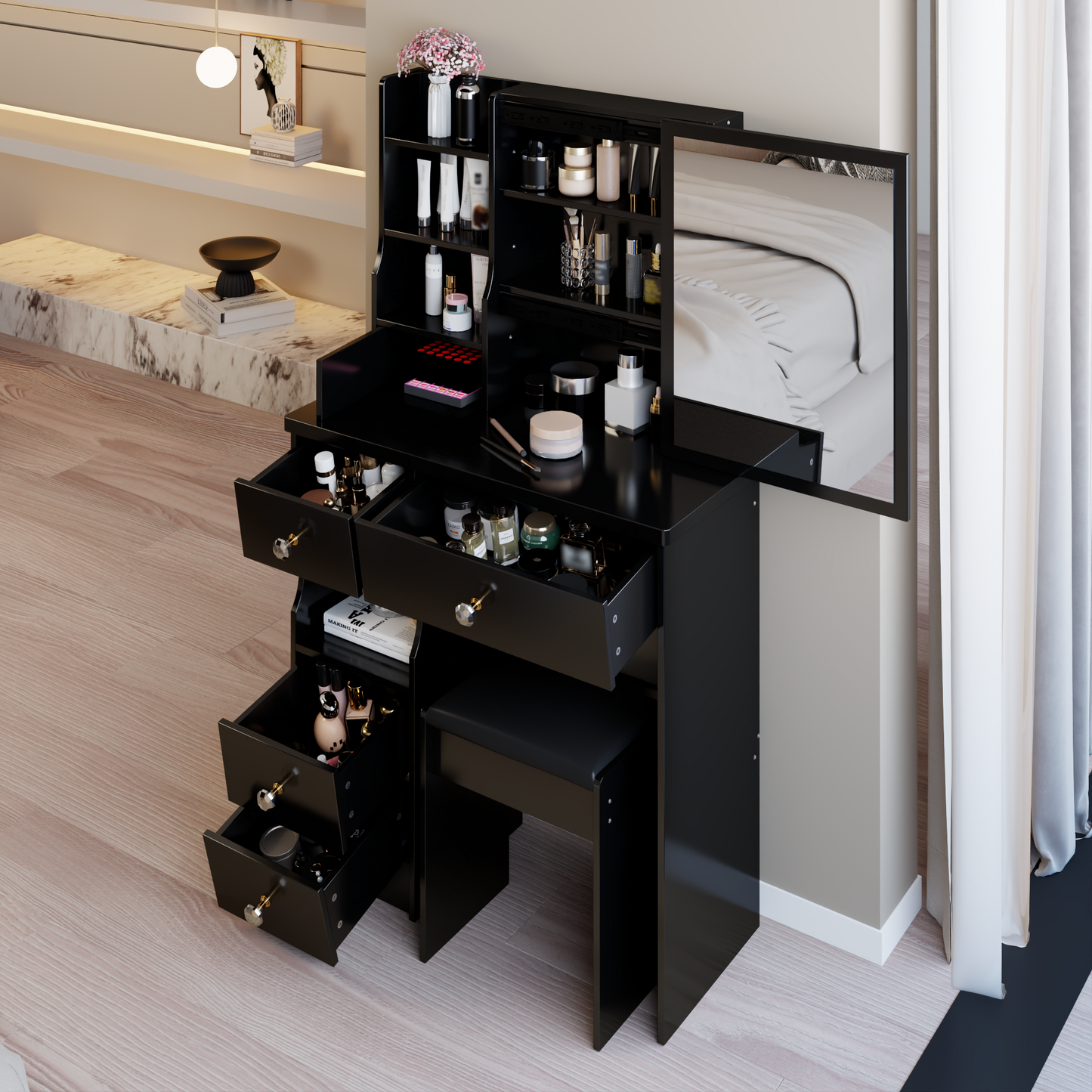 29.2' Small Size Left Drawer Desktop Vanity Table + Cushioned Stool, Extra Large Right sliding mirror, Multi Layer High Capacity Storage, Practical Fashionable Dresser, Suitable For Small Space