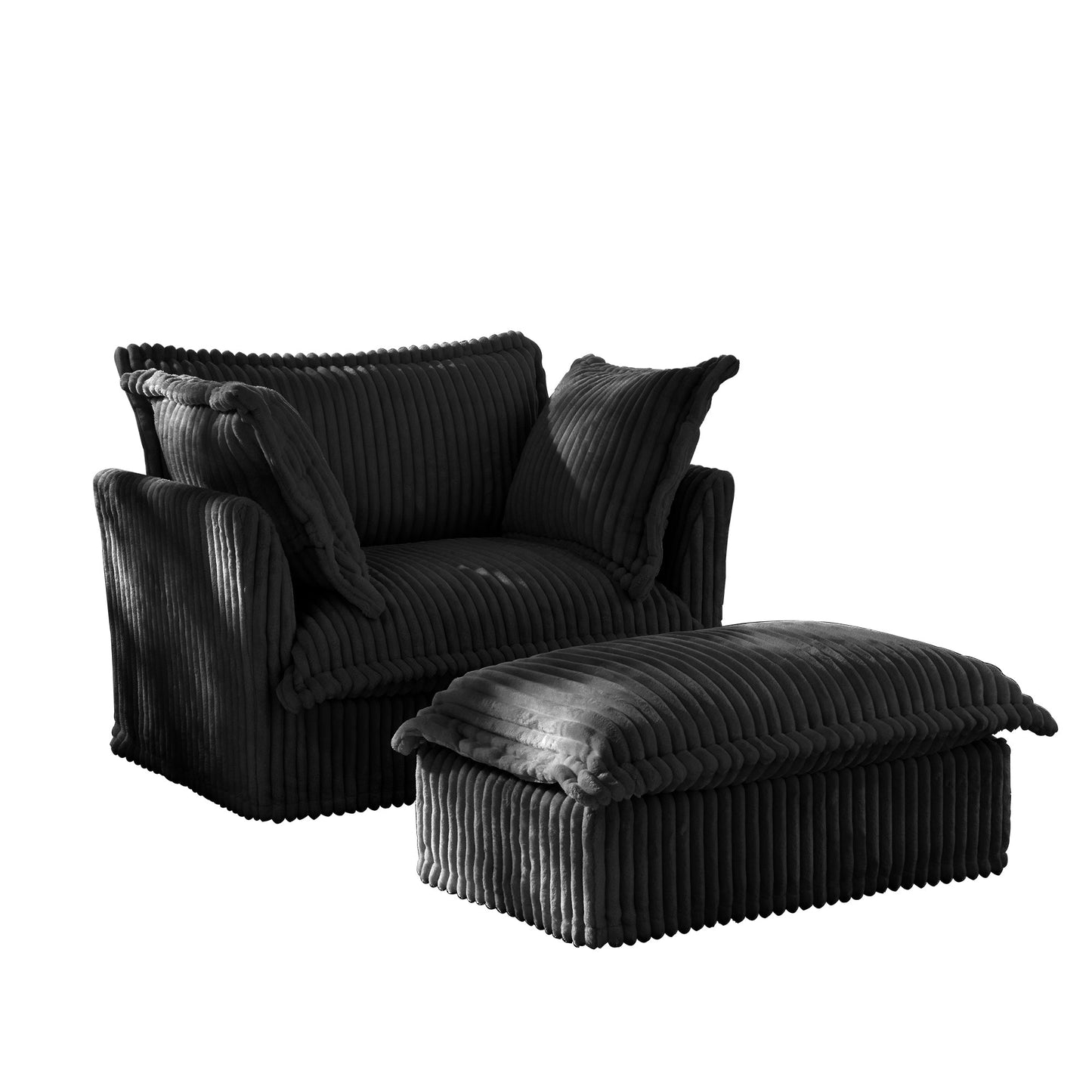 Upholstered Slipcovered Armchair with Ottoman, Deep Seat Armchair W/ Wide Ottoman for Living Room, Armchair Sets with Large Soft Pillows(Set of 2), Black Corduroy Fabric