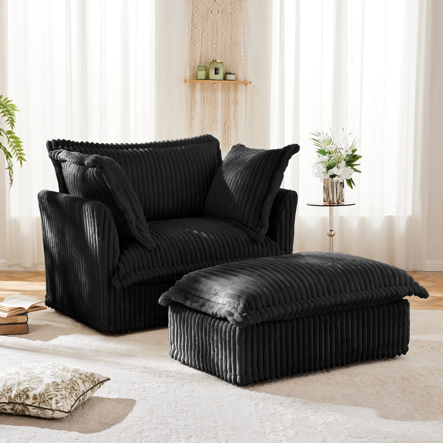 Upholstered Slipcovered Armchair with Ottoman, Deep Seat Armchair W/ Wide Ottoman for Living Room, Armchair Sets with Large Soft Pillows(Set of 2), Black Corduroy Fabric
