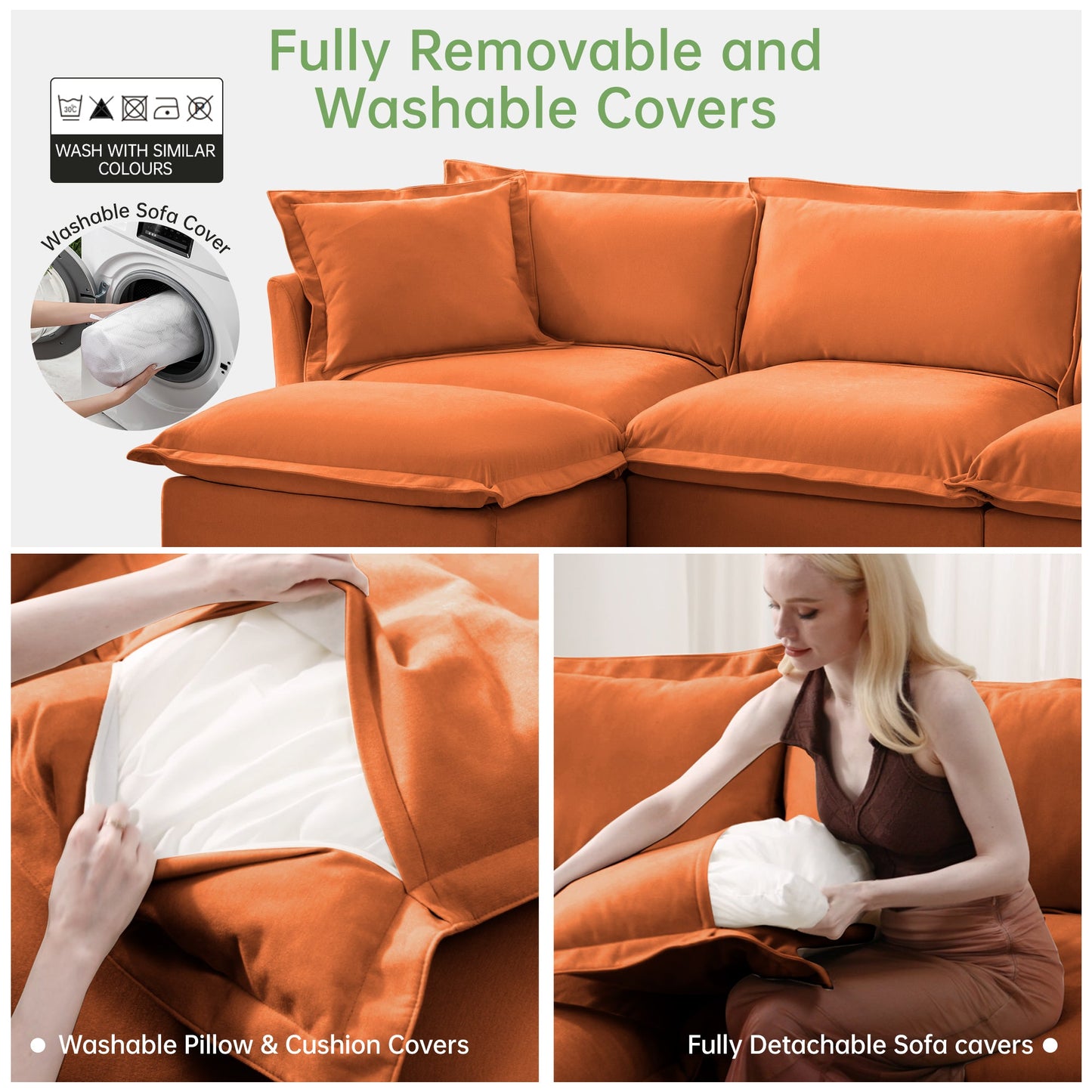 Upholstered Slipcovered Armchair with Ottoman, Deep Seat Armchair W/ Wide Ottoman for Living Room, Armchair Sets with Large Soft Pillows(Set of 2),Chenille Fabric,Orange