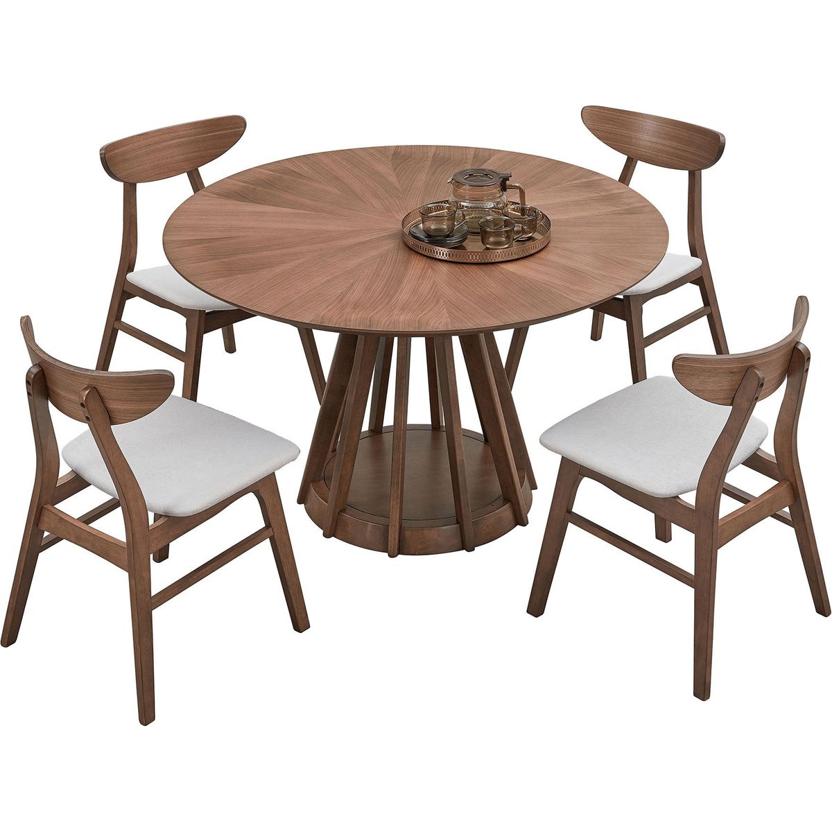 (1 Table+4 Chairs)Modern Dining Table Set of 5 pcs,Wooden Dining Table and Upholstered Chairs for Living Room,Round Kitchen Set with Sturdy Legs for Restaurant,Walnut