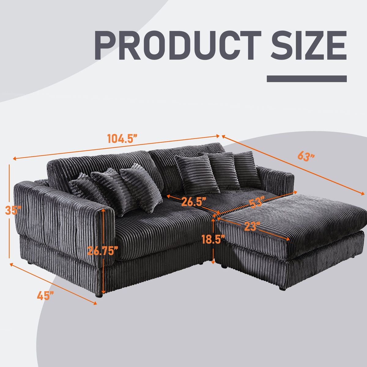 105' Oversized Sectional Sofa Cloud Couch for Living Room, Modern stripe L Shaped Couch, Comfy Boucle Modular Sofa Sleeper with Moveable Ottoman (Gery)