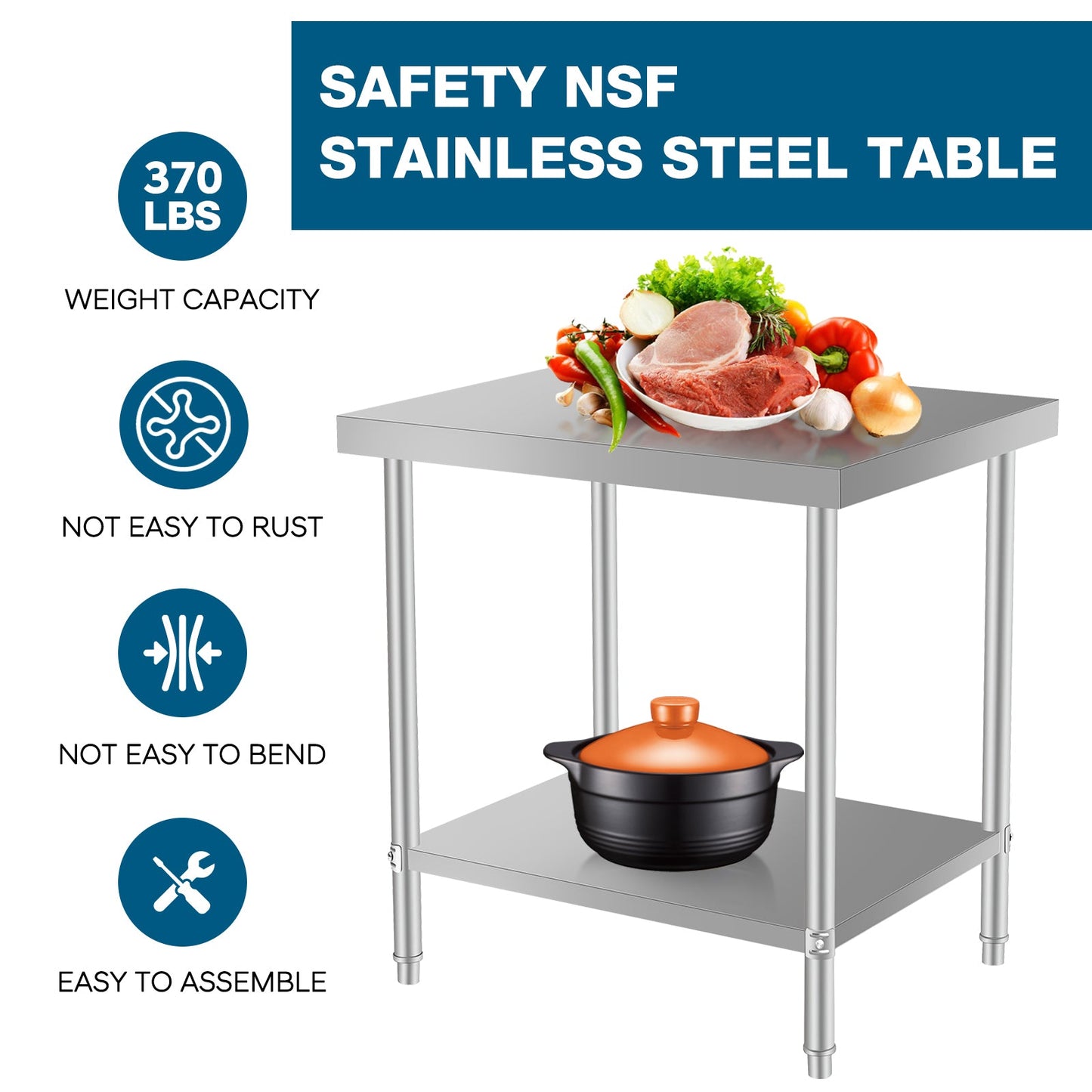 24''*24 Commercial Work Table for Restaurant and Home Stainless Steel Kitchen Prep Table with Under Shelf