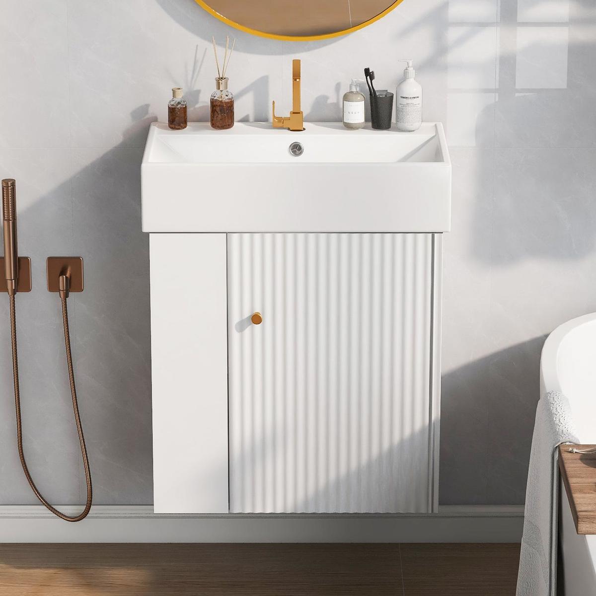 21.6inch Modern Floating Bathroom Vanity with Ceramic Basin - Perfect for Small Bathrooms, Left side storage