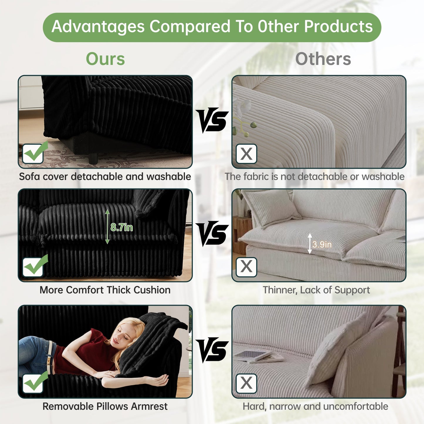 Upholstered Slipcovered Armchair with Ottoman, Deep Seat Armchair W/ Wide Ottoman for Living Room, Armchair Sets with Large Soft Pillows(Set of 2), Black Corduroy Fabric
