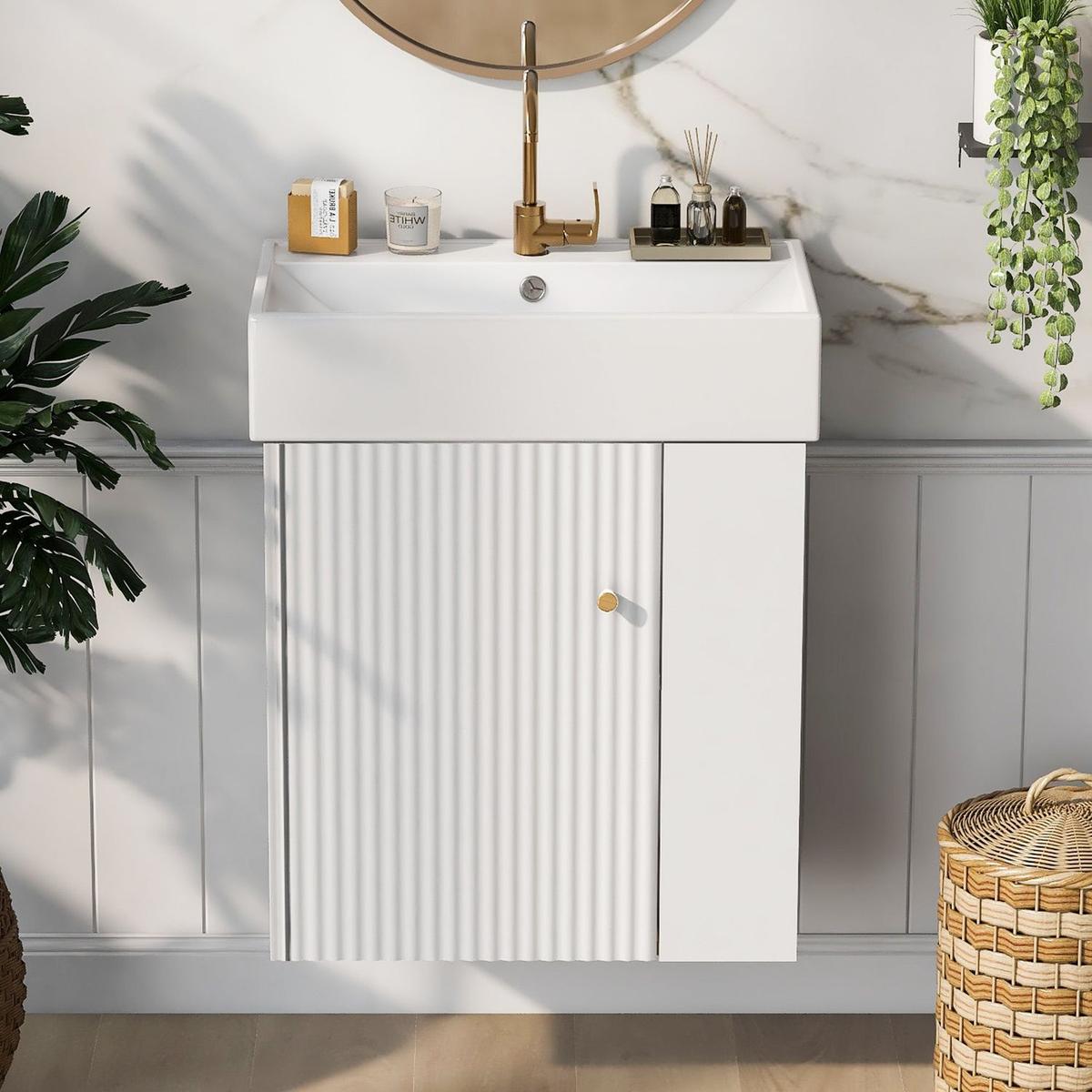 21.6inch Modern Floating Bathroom Vanity with Ceramic Basin - Perfect for Small Bathrooms, Right side storage