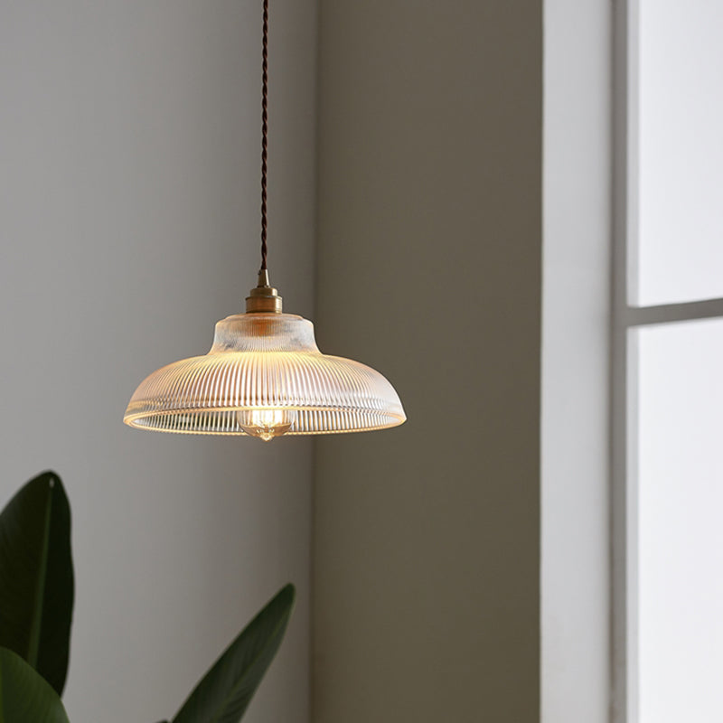 Clara's Ribbed Glass Pendant: Vintage Charm with Warm Glow