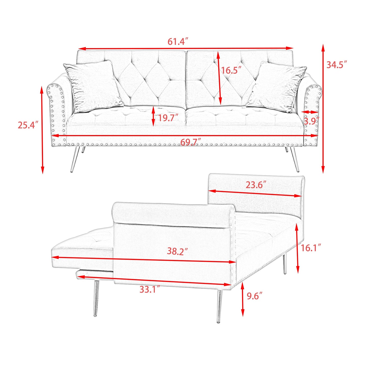 Velvet Sofa Bed with Nail Head Trim and Throw Pillow in Green, 69.7 Inches, Sponge Filling, Gold Metal Legs