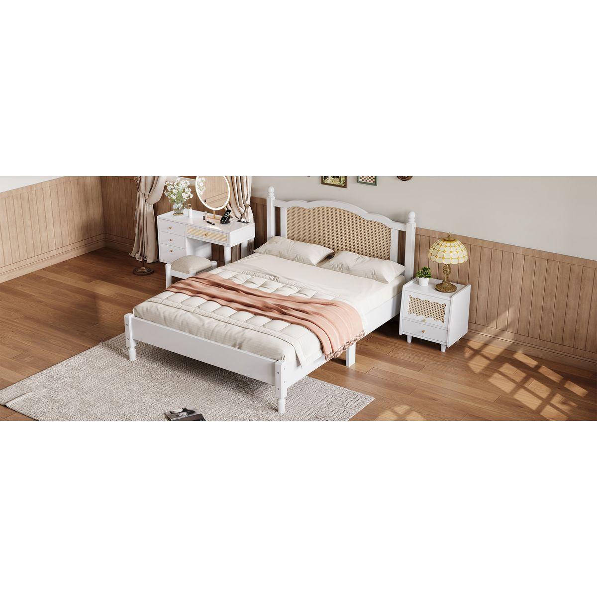 3 Pieces Bedroom Set with Queen Size Wooden Bed Frame, 1 Vintage Nightstand and 1 Makeup Vanity Set with Stool,White