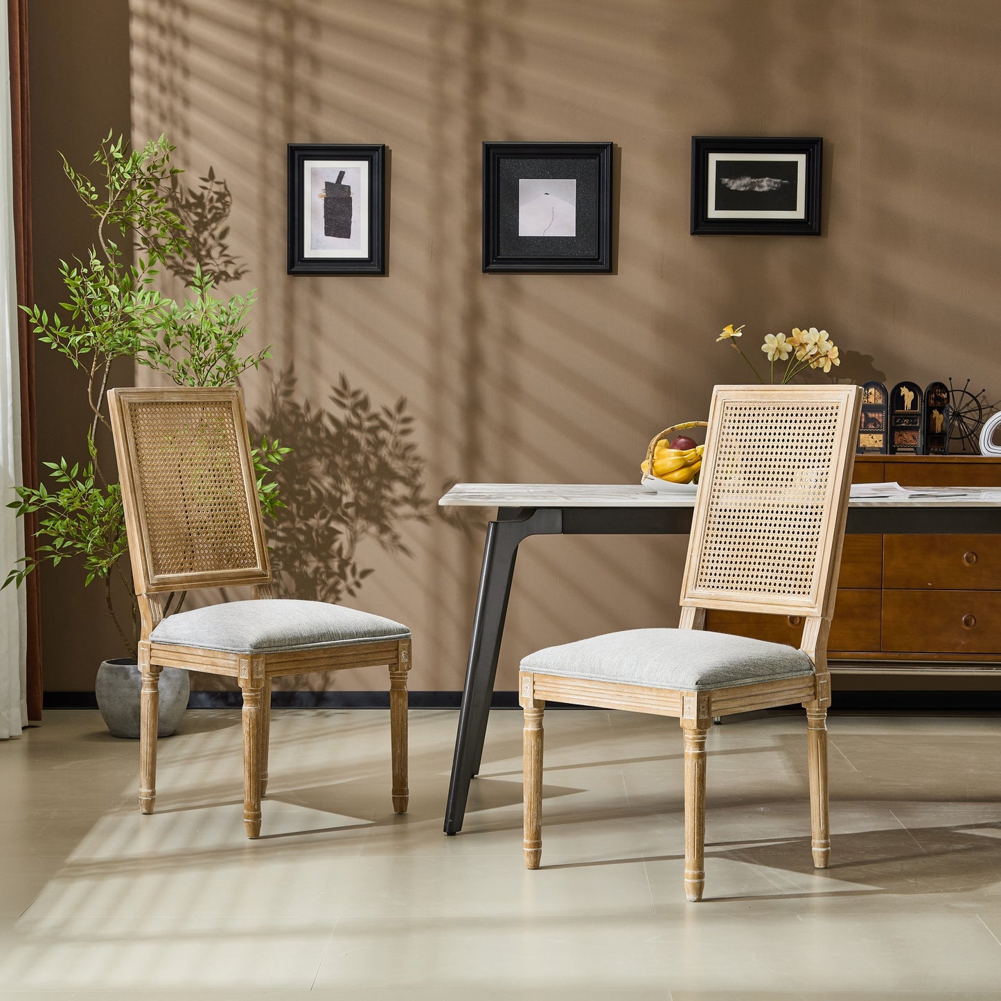 Vintage Inspired French Country Dining Chairs Set - Elegant Cane Backrest & Upholstered Seats - Rustic Weathered Finish - Solid Rubberwood Frame