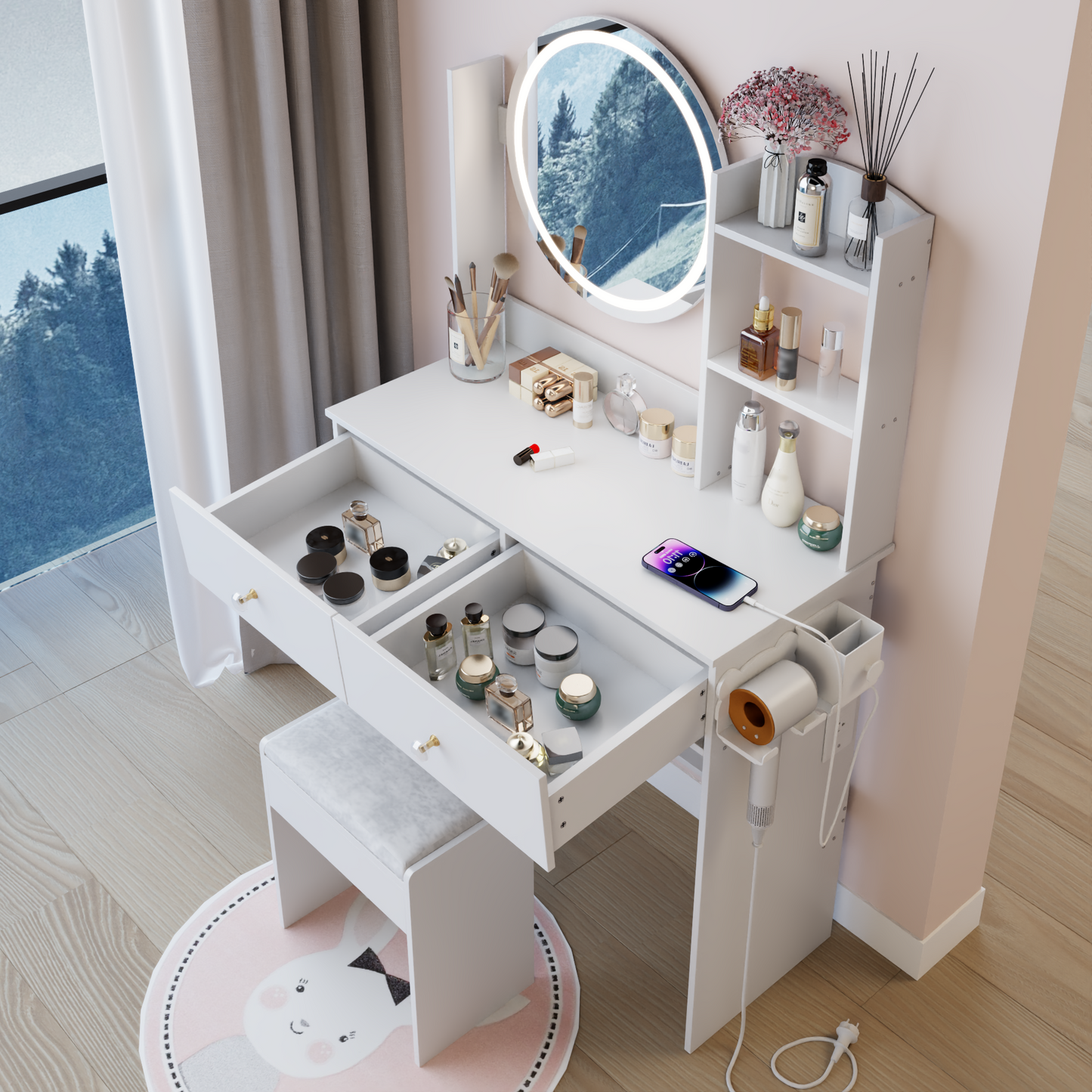 17' Round LED Mirror Vanity Table+Cushioned Stool, Equipped With 2 AC+2 USB Power Socket, Big Mirror, Touch Switch, 3 Colors, Adjustable Brightness, Large Desktop, Multi-layer High Capacity Storage