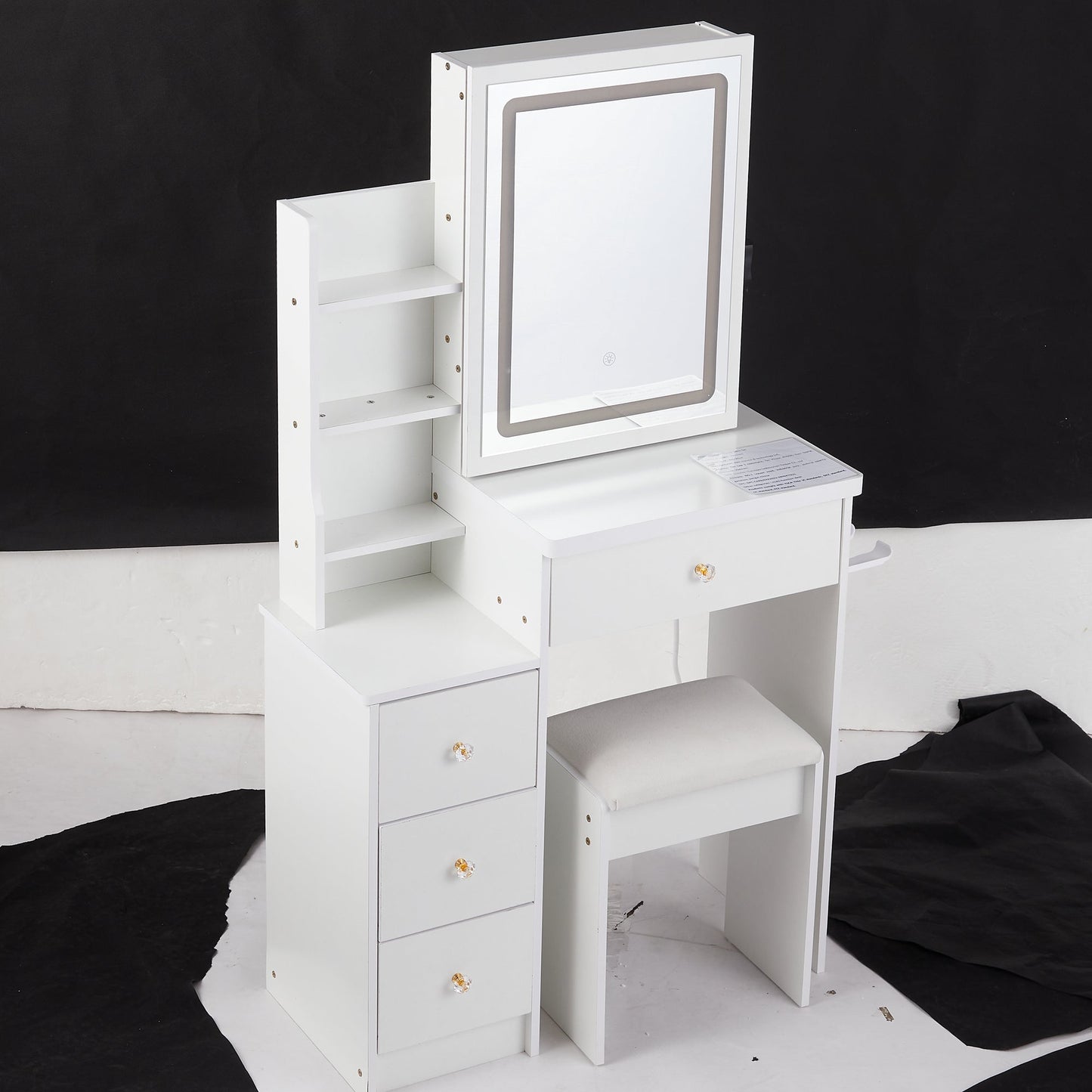 29.2' Small Size Left Bedside Cabinet Vanity Table + Cushioned Stool, 2 AC+2 USB Power Station, Hair dryer bracket, Extra Large Touch Control Sliding LED Mirror, Tri-color Switching, Brightness Adjust