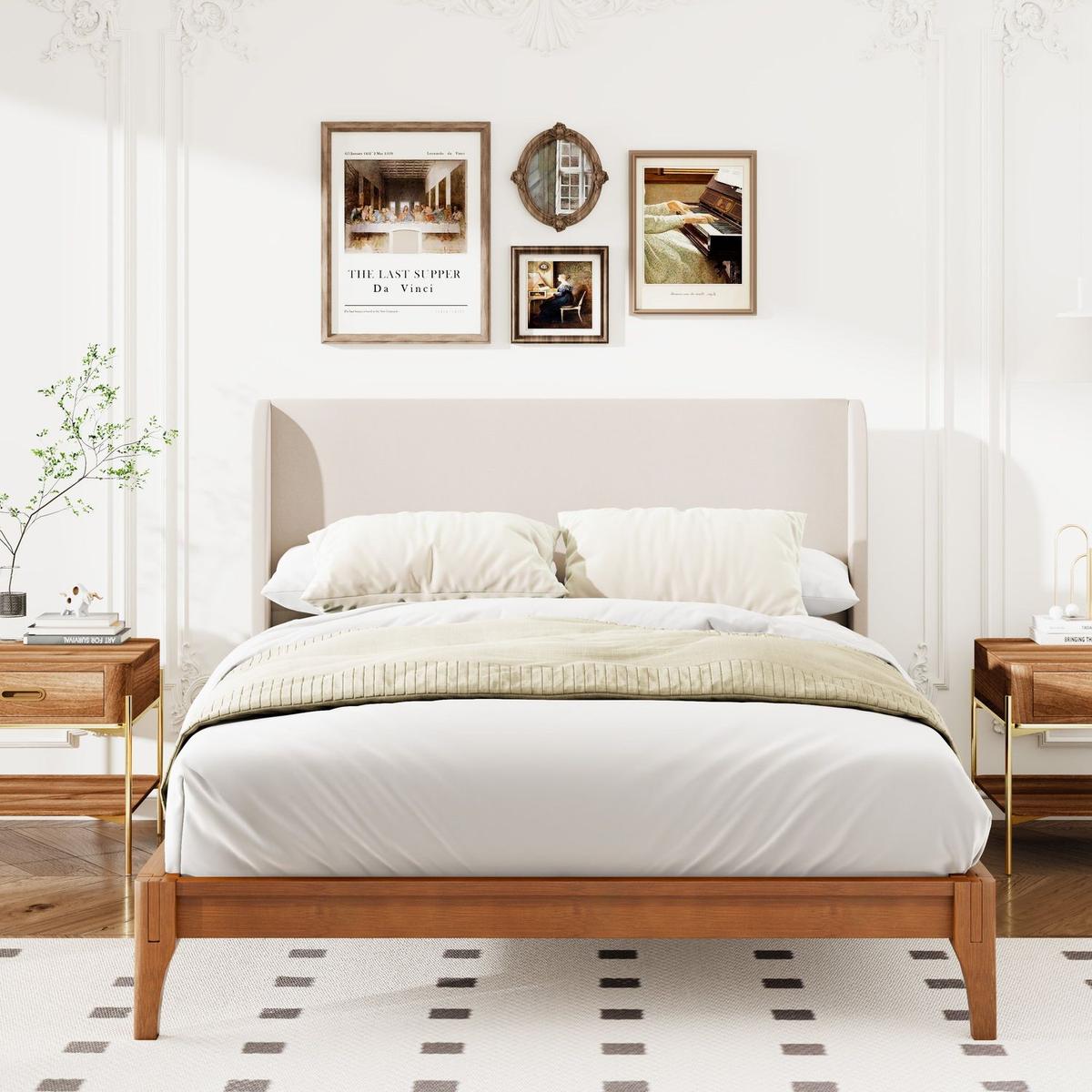 Queen Size Solid Dry Bamboo Wood 12 Inch Platform Bed, with 48" Upholstered High Headboard, Easy Assembly