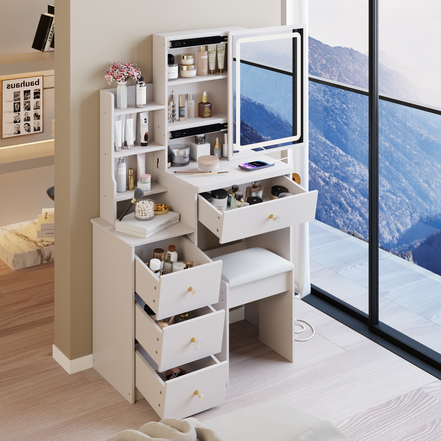 29.2' Small Size Left Bedside Cabinet Vanity Table + Cushioned Stool, 2 AC+2 USB Power Station, Hair dryer bracket, Extra Large Touch Control Sliding LED Mirror, Tri-color Switching, Brightness Adjust