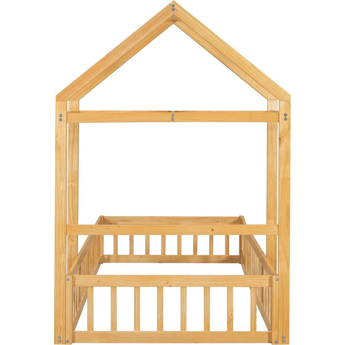 Wooden Floor Bed with Fence Railings and Detachable House Shape Headboard, Twin Size Bed with Kids Dress Up Rack, Kids Montessori Style Playhouse Frame for Girls Boys, Natural