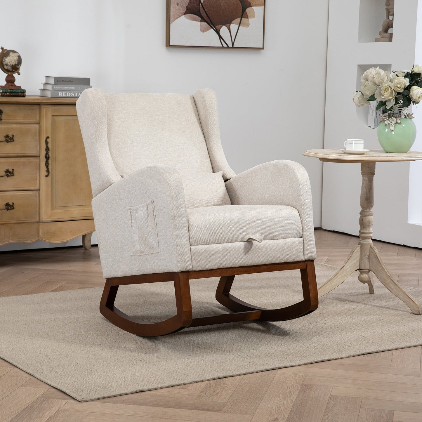25.4'W Modern Rocking Chair for Nursery, Mid Century Accent Arm Rocker With Retractable Footrest, Side Pocket, Comfy Upholstered Wingback Wooden Glider Chair for Living Room Baby Kids Room. Beige