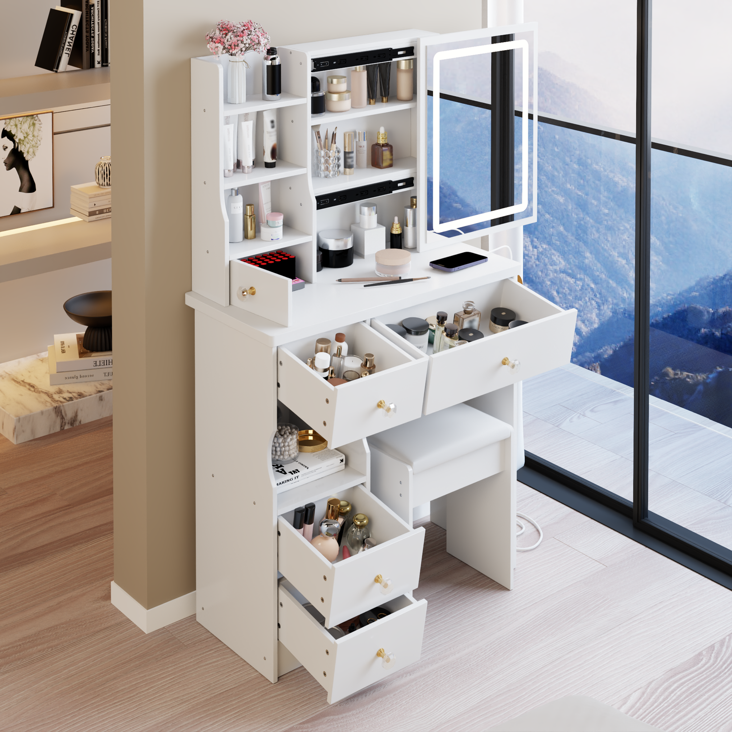 29.2' Small Size Left Drawer Desktop Vanity Table + Cushioned Stool, 2 AC+2 USB Power Station, Hair dryer bracket, Extra Large Touch Control Sliding LED Mirror, Tri-color Switching, Brightness Adjust