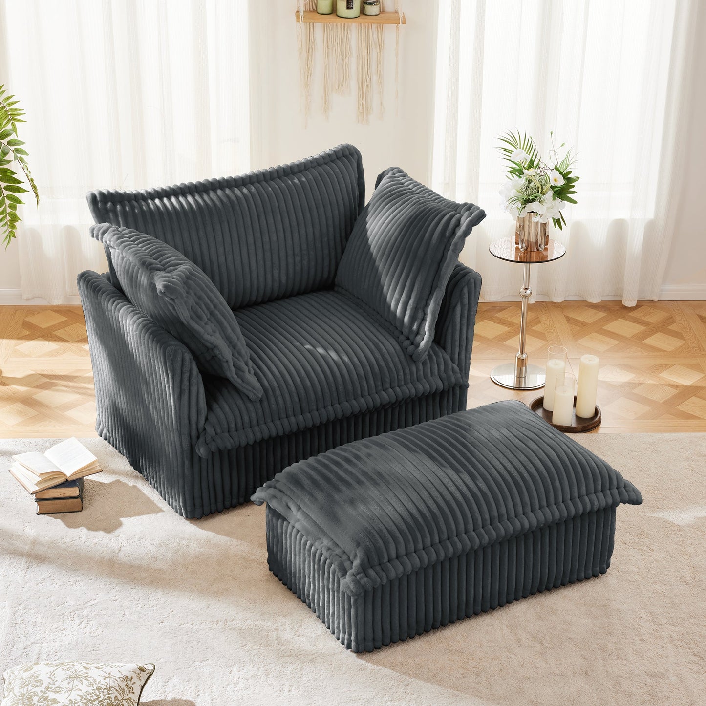 Upholstered Slipcovered Armchair with Ottoman, Deep Seat Armchair W/ Wide Ottoman for Living Room, Armchair Sets with Large Soft Pillows(Set of 2),Gray Corduroy Fabric