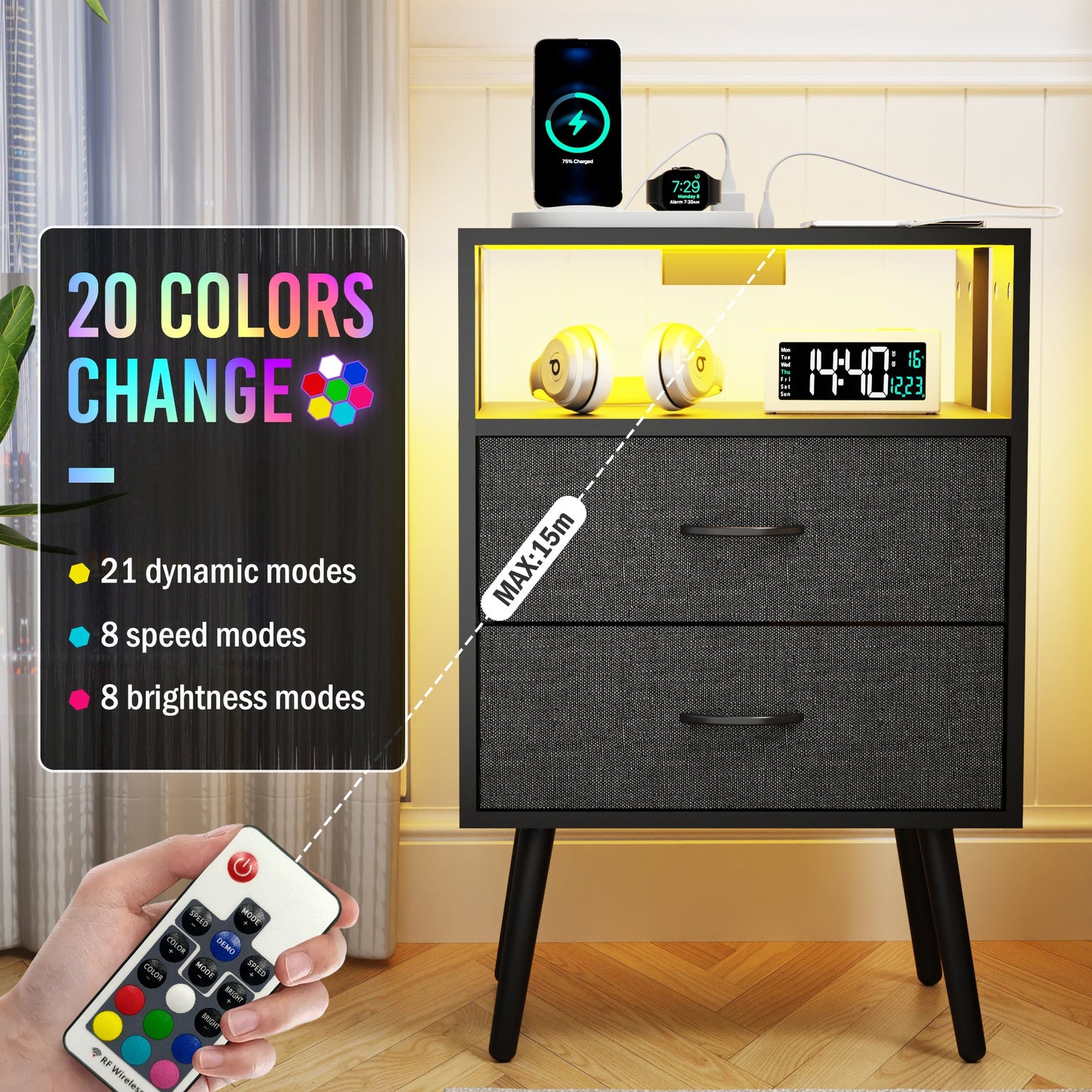 2 Pack Modern Nightstand with Charging Station, Bedside Tables with LED Light and Fabric Drawers