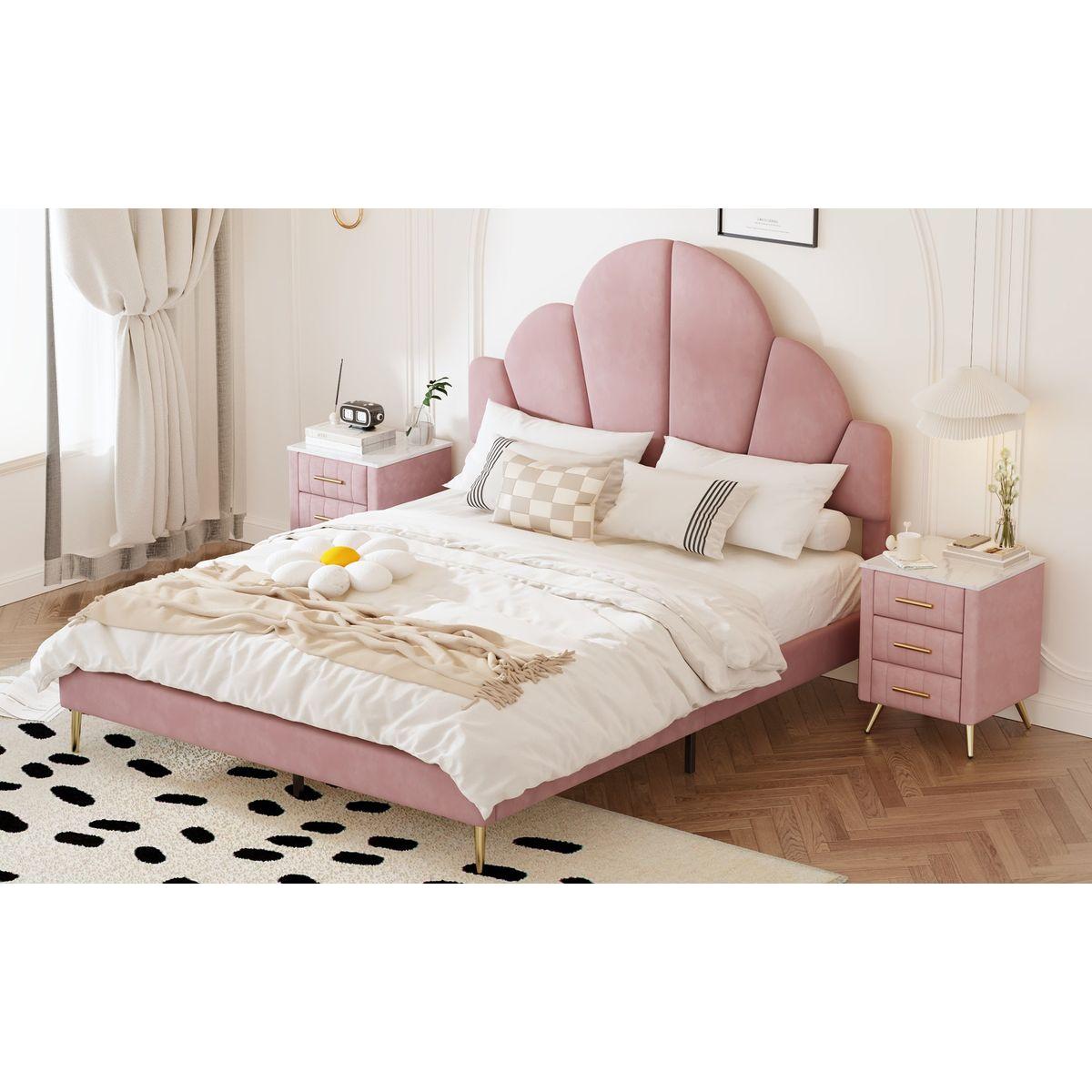 3 Pieces Bedroom Sets, Queen Size Modern Velvet Upholstered Bed Frame with Petal Shape Headboard, 3 Drawers Nightstands, Pink