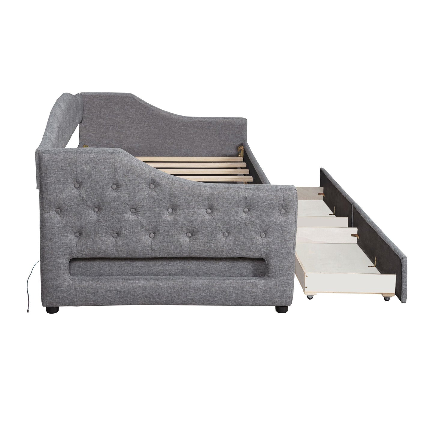 Elegant Upholstered Twin XL Daybed with LED Belt, 2 Drawers, Gray Linen Finish