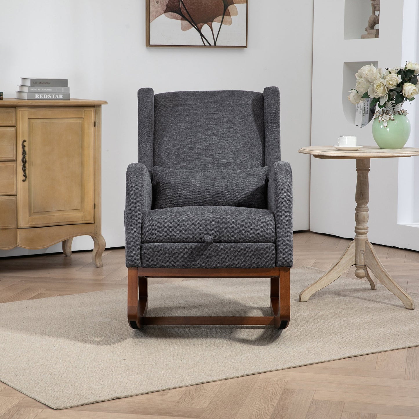 25.4'W Modern Rocking Chair for Nursery, Mid Century Accent Arm Rocker With Retractable Footrest, Side Pocket, Comfy Upholstered Wingback Wooden Glider Chair for Living Room Baby Kids Room. Charcoal