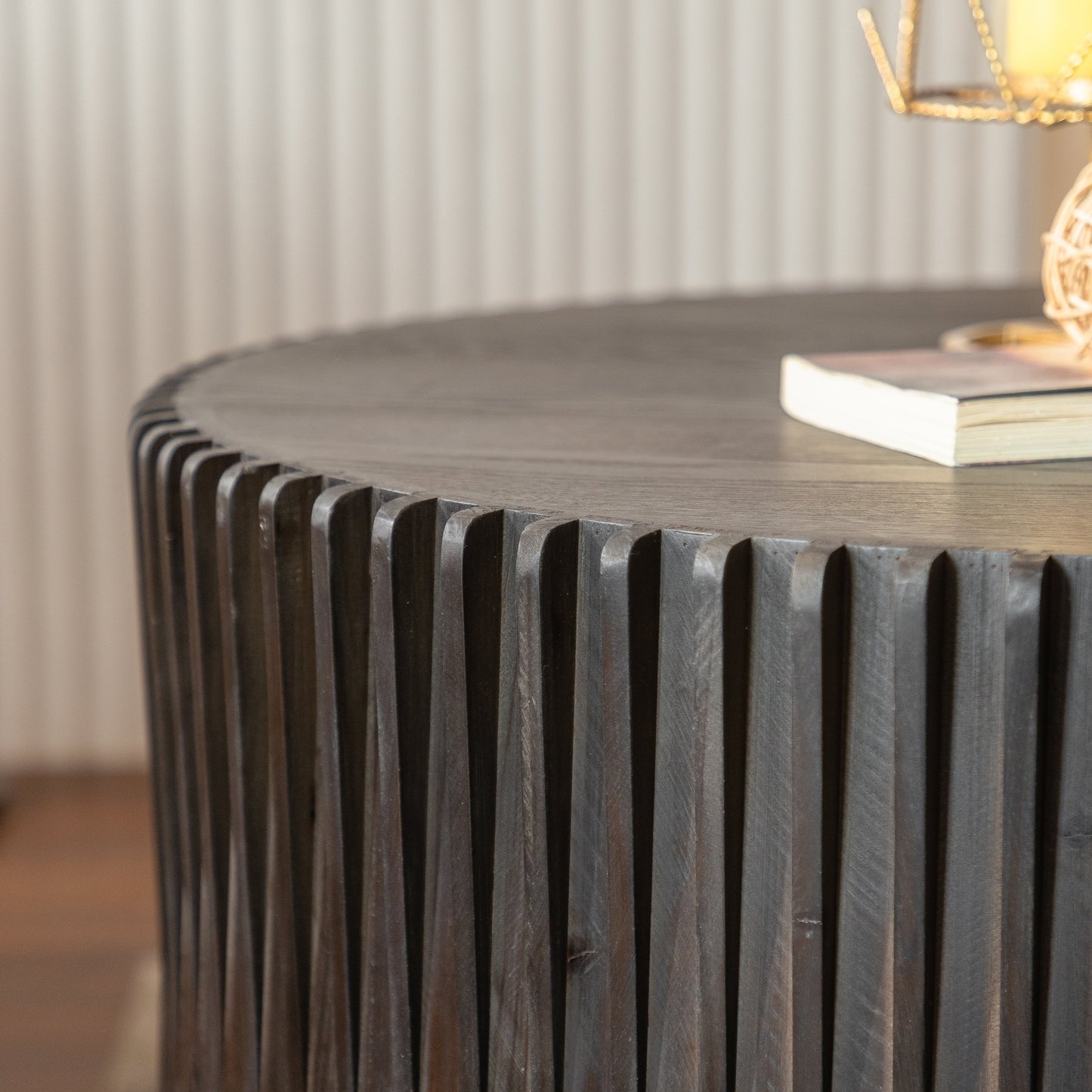 Vintage Fashion Style Cylindrical Nesting Coffee Table Set with Vertical Textured Embossed Design for Living Room, Office and Dining Room, Dark Brown (Set of 2)