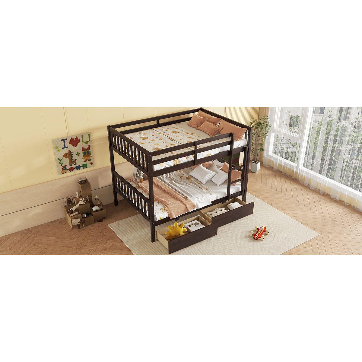 full Over full Rubber Wood Bunk Bed with 2 Drawers, Convertible into 2 full Beds, full Size Bunk Bed with Ladder and Safety Guardrails ,Espresso