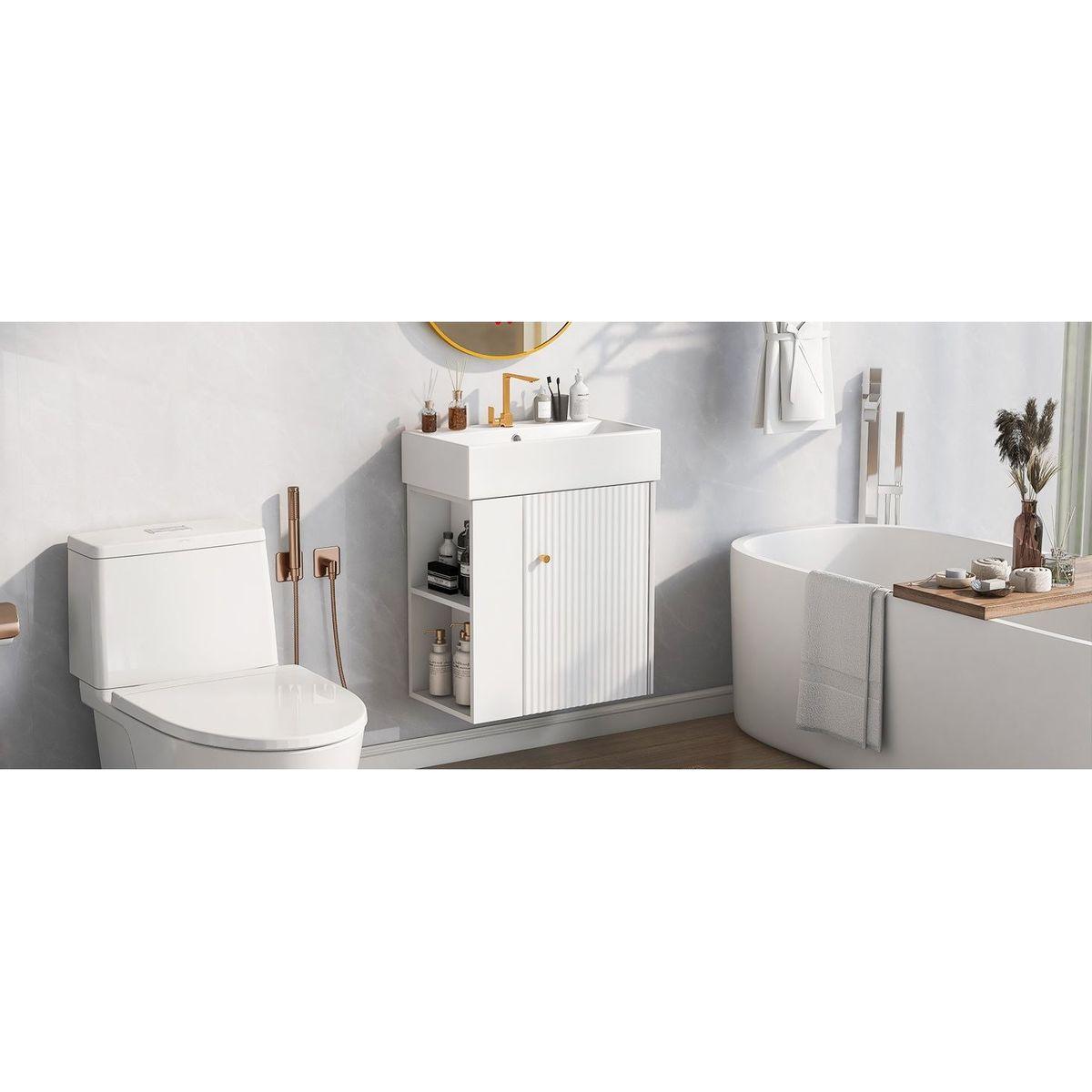 21.6inch Modern Floating Bathroom Vanity with Ceramic Basin - Perfect for Small Bathrooms, Left side storage