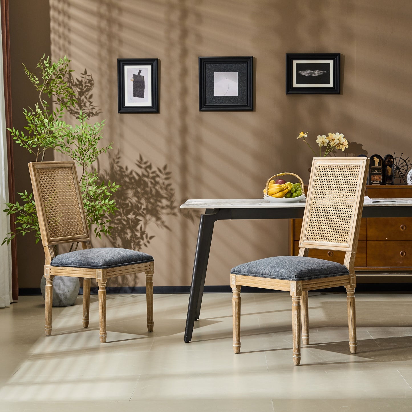 Vintage Inspired French Country Dining Chairs Set of 2 with Cane Backrest & Upholstered Seats in Rustic Weathered Finish