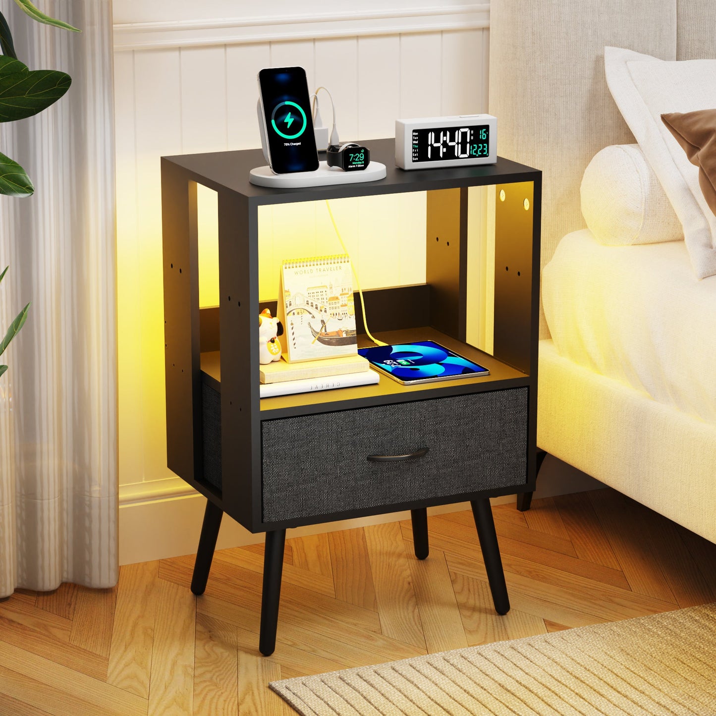 2 Pack Modern Nightstand with Charging Station, Bedside Tables with LED Light and Fabric Drawers